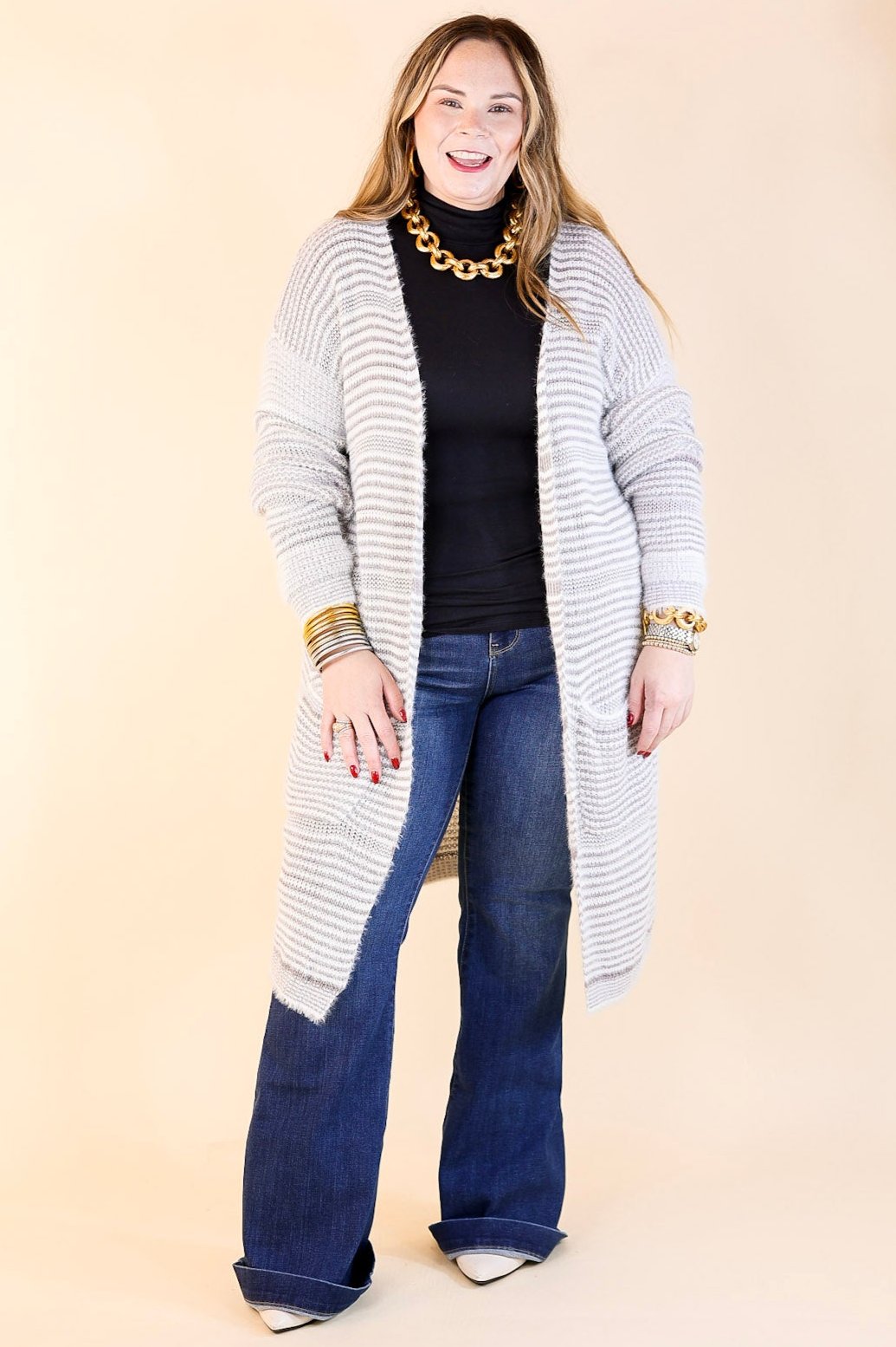 Upstate Chill Striped Knit Cardigan with Pockets in Grey