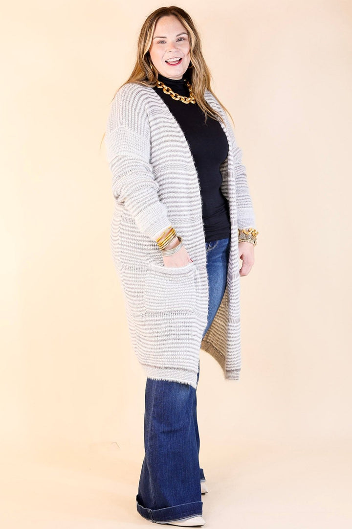 Upstate Chill Striped Knit Cardigan with Pockets in Grey