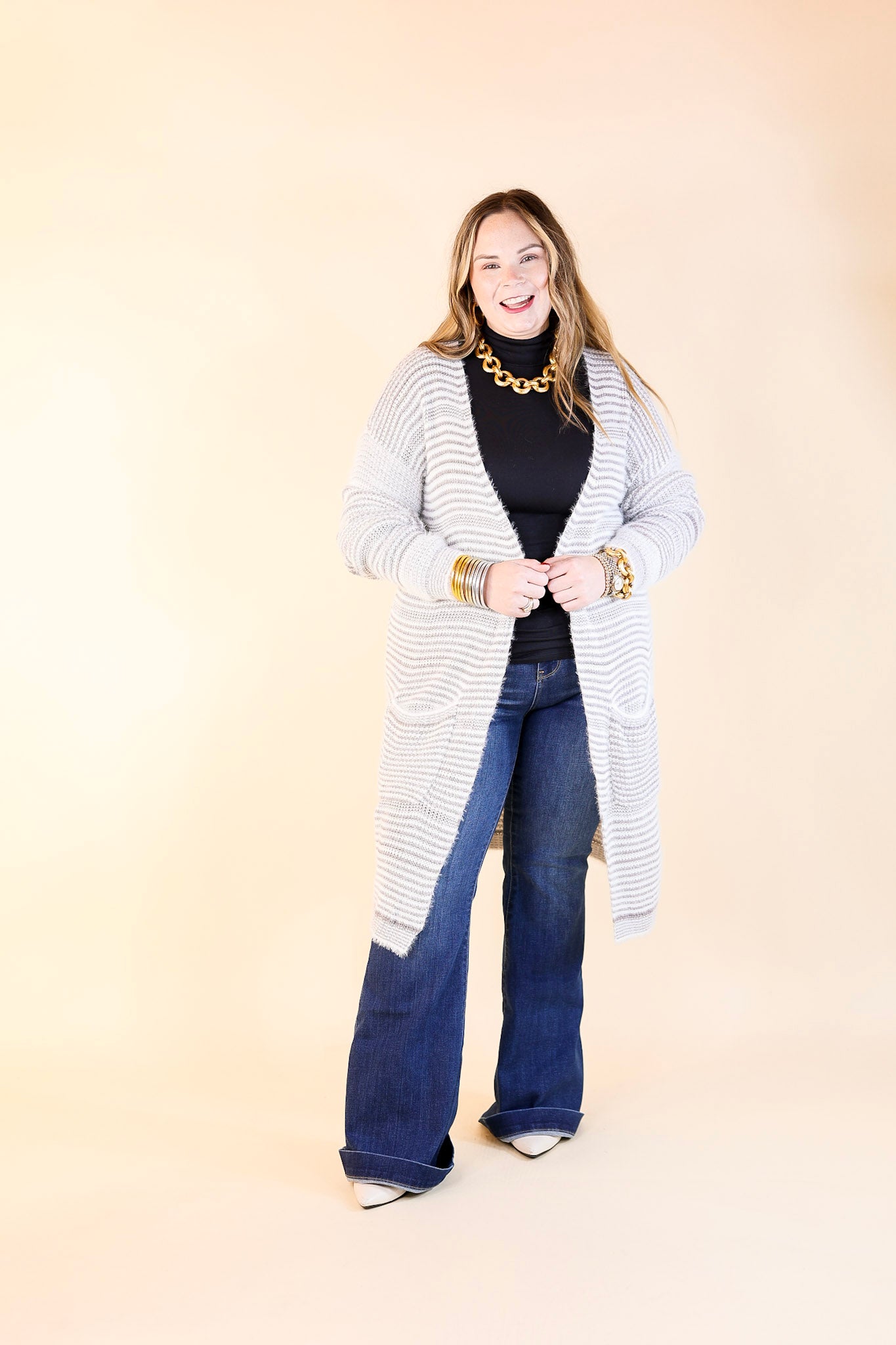 Upstate Chill Striped Knit Cardigan with Pockets in Grey