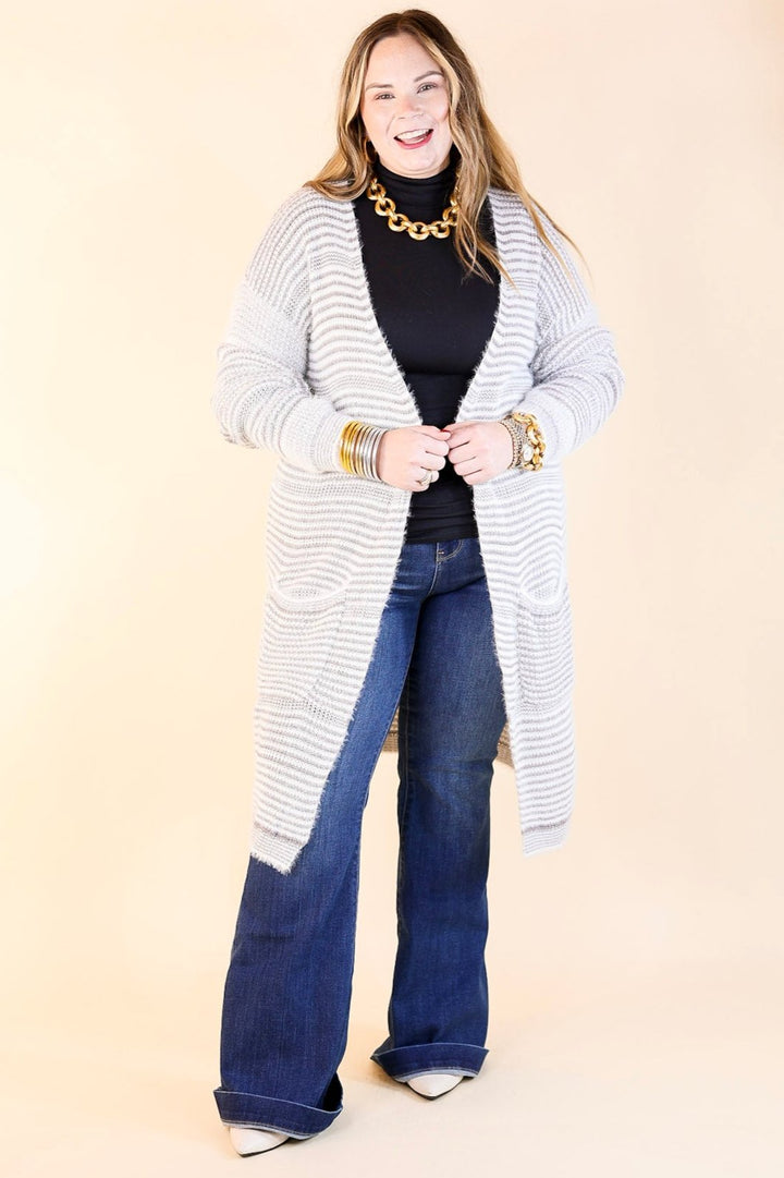 Upstate Chill Striped Knit Cardigan with Pockets in Grey
