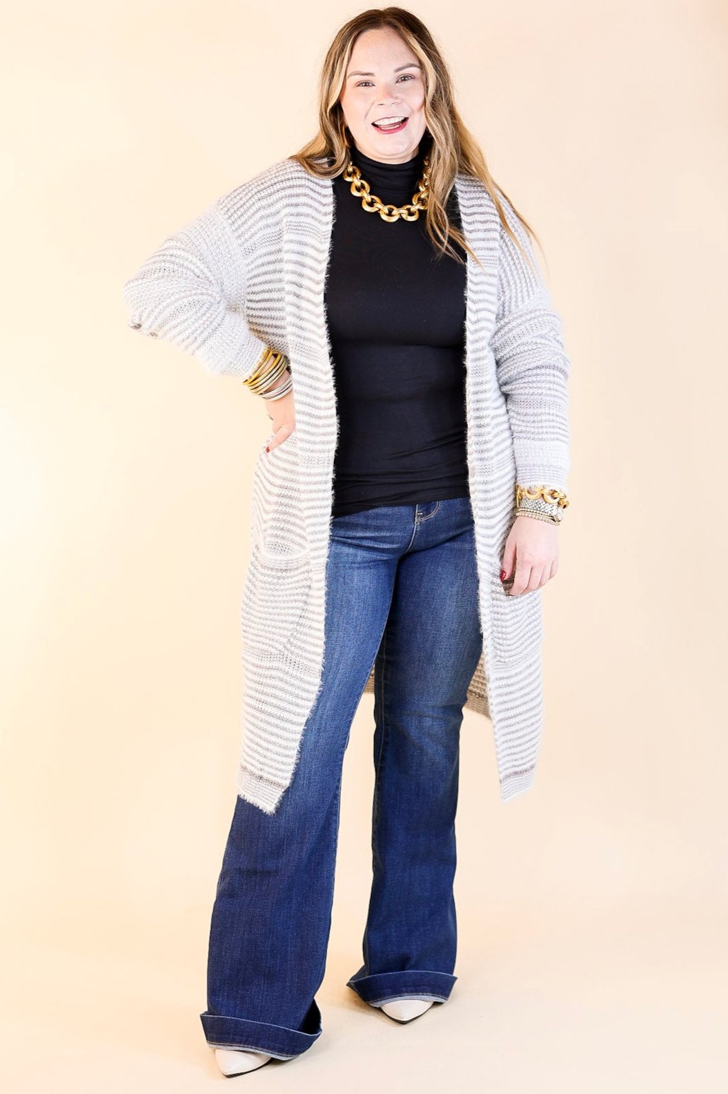Upstate Chill Striped Knit Cardigan with Pockets in Grey