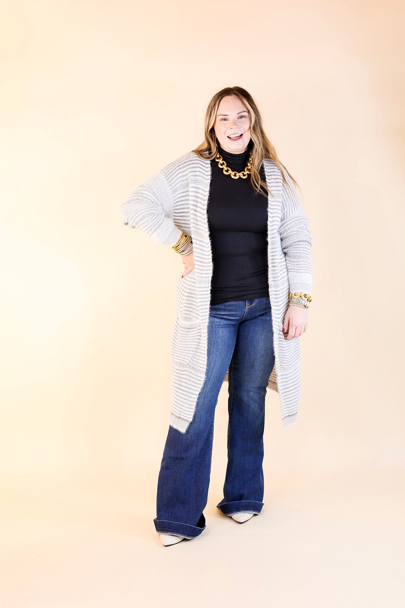 Upstate Chill Striped Knit Cardigan with Pockets in Grey