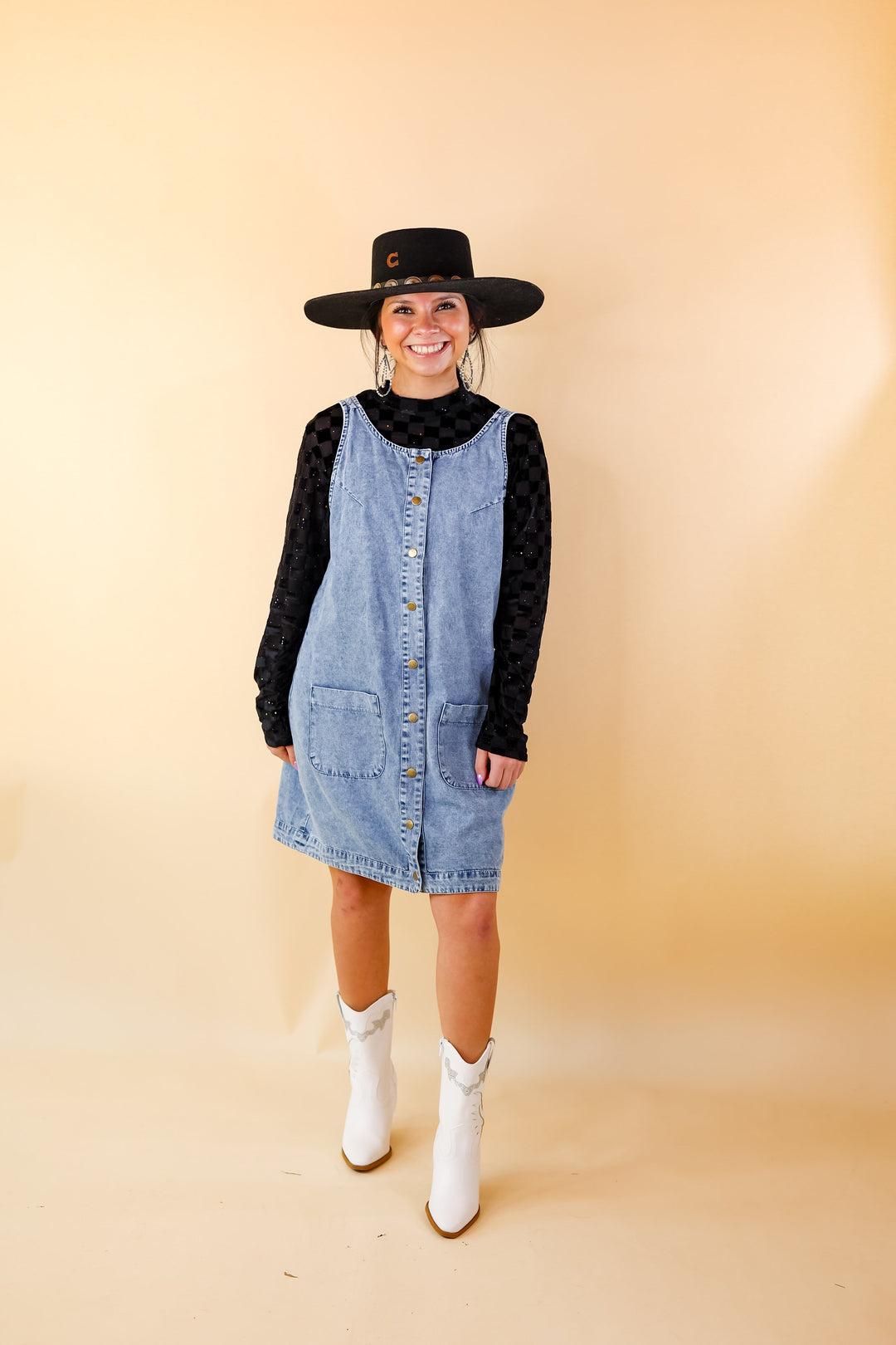 Rodeo Drive Mesh Checkered Print with Glitter Long Sleeve Top in Black - Giddy Up Glamour Boutique