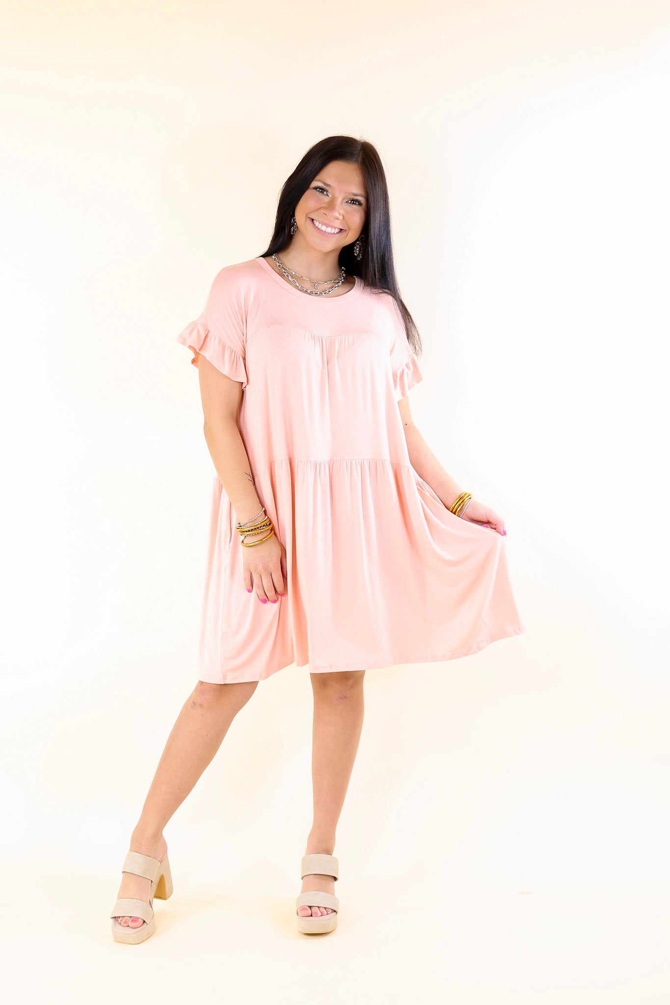 Gorgeous Girly Ruffle Sleeve Tiered Dress in Peach