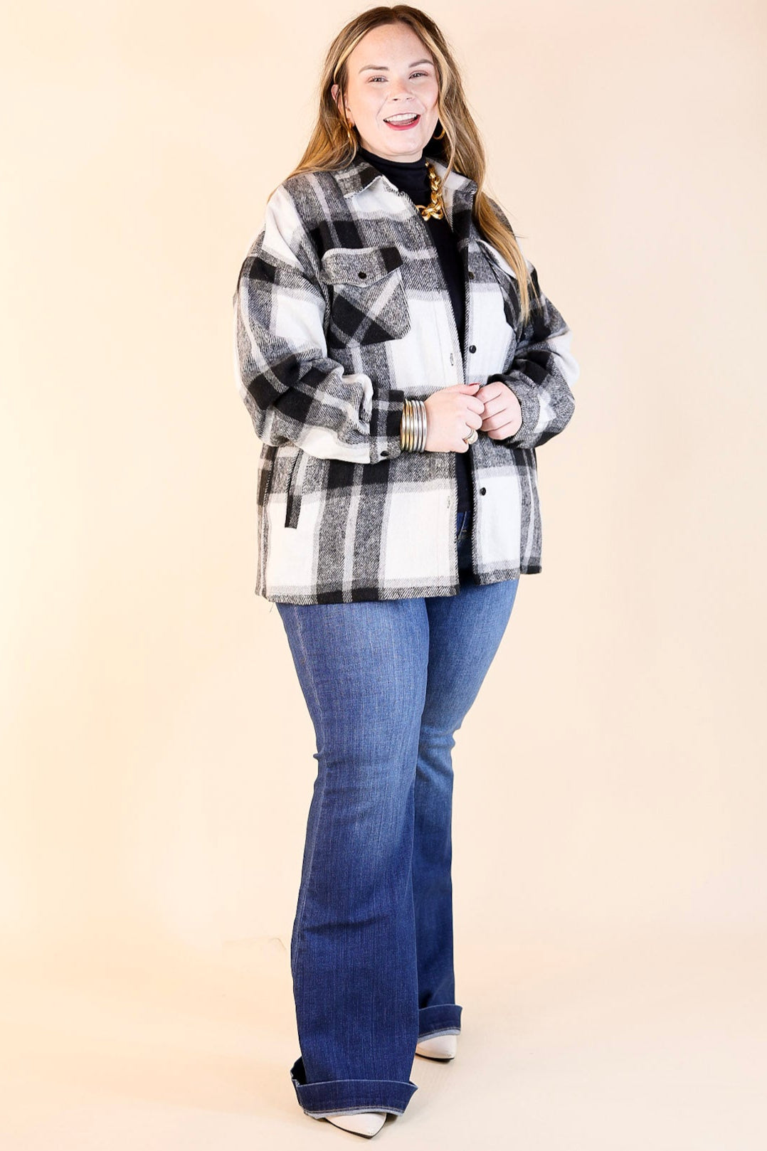 Cozy Memories Plaid Shacket with Front Pockets in Black