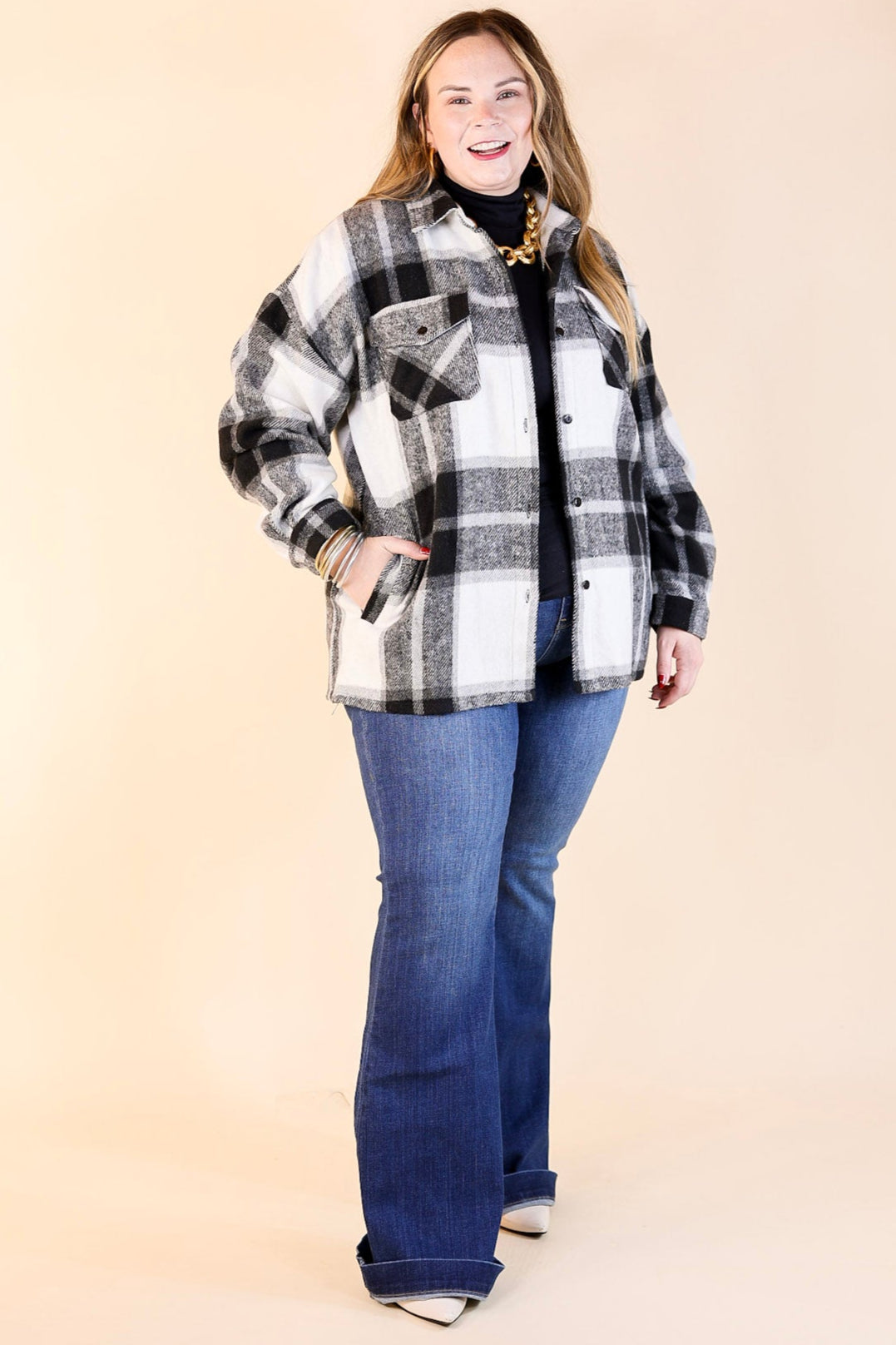 Cozy Memories Plaid Shacket with Front Pockets in Black