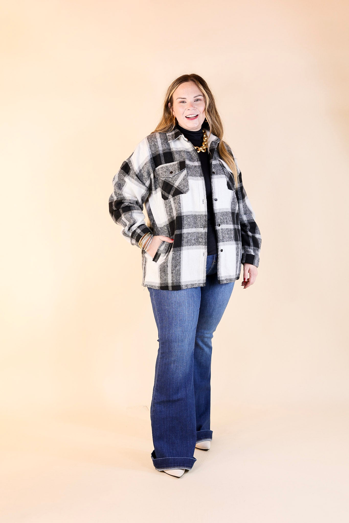 Cozy Memories Plaid Shacket with Front Pockets in Black