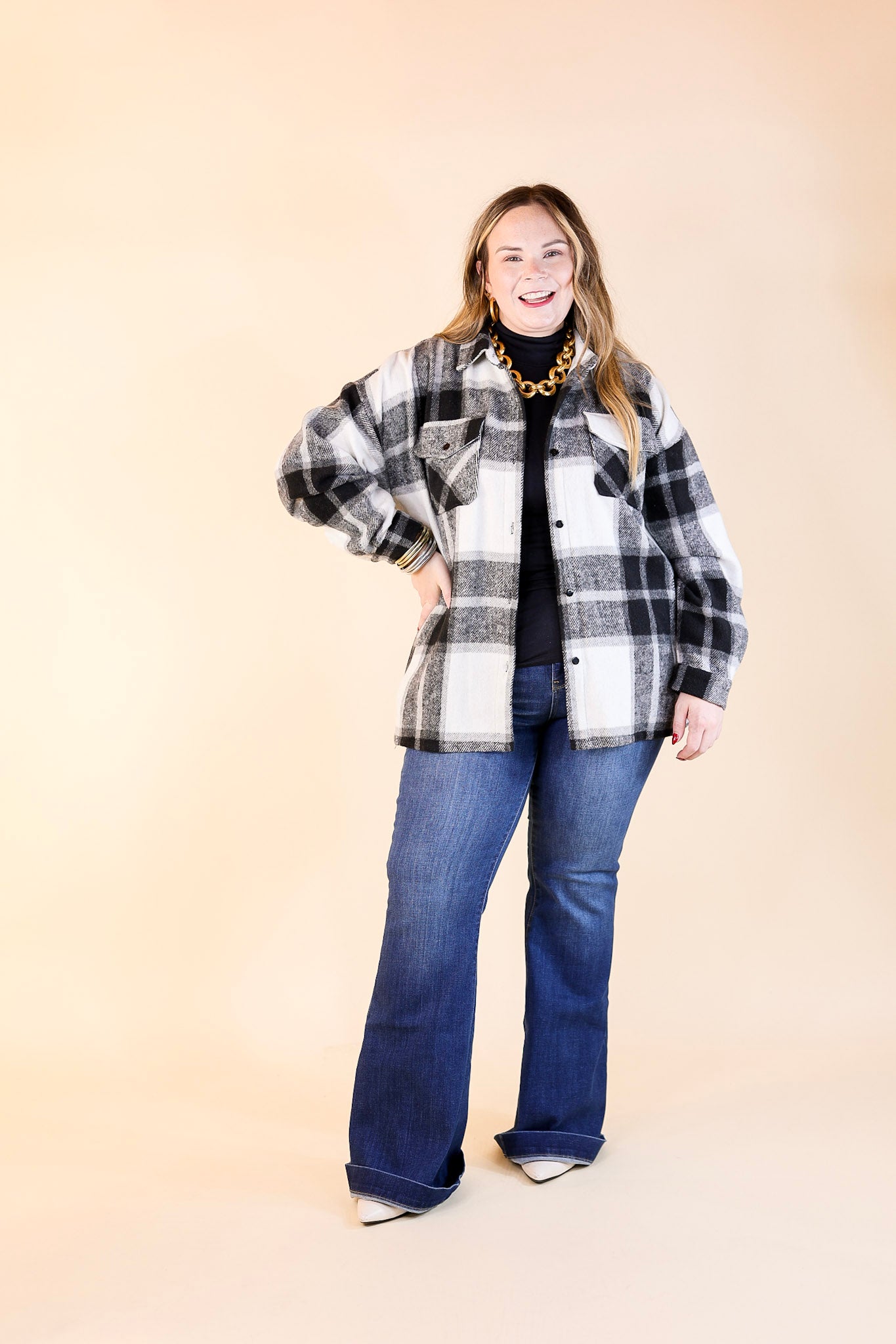 Cozy Memories Plaid Shacket with Front Pockets in Black