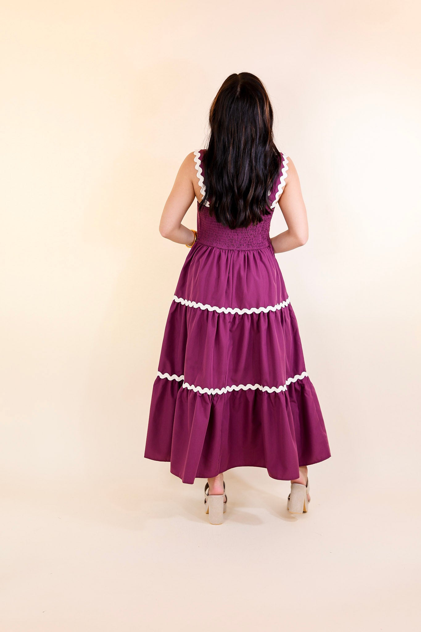 Timeless Twirl Midi Dress with Rickrack Detailing in Plum Maroon