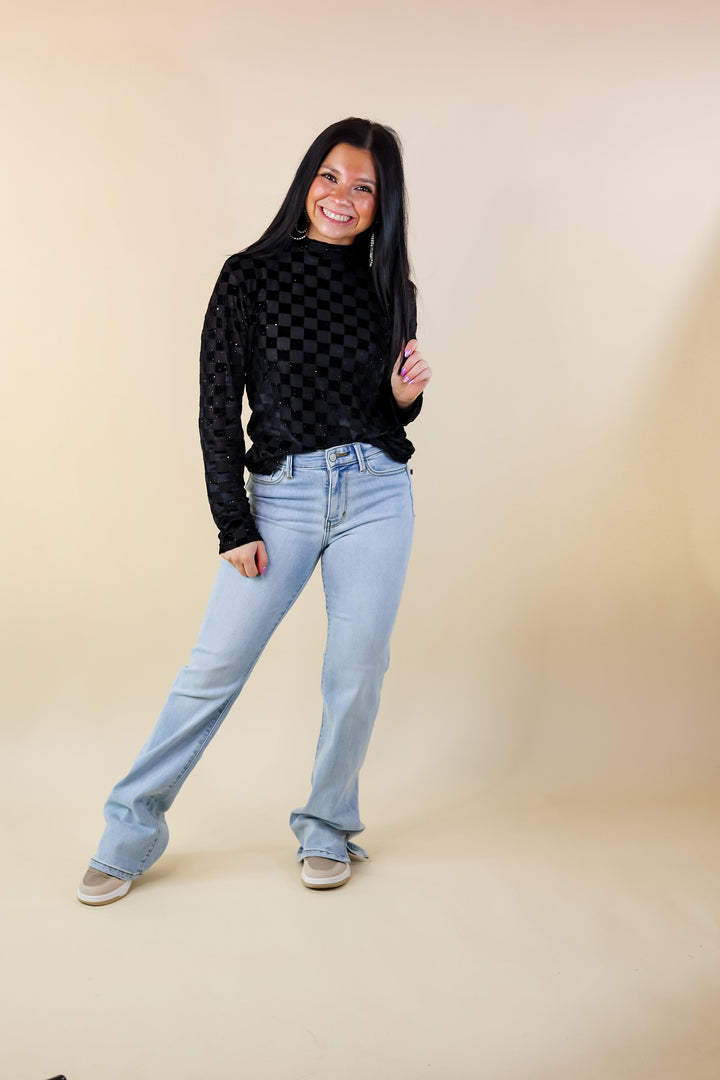 Rodeo Drive Mesh Checkered Print with Glitter Long Sleeve Top in Black - Giddy Up Glamour Boutique