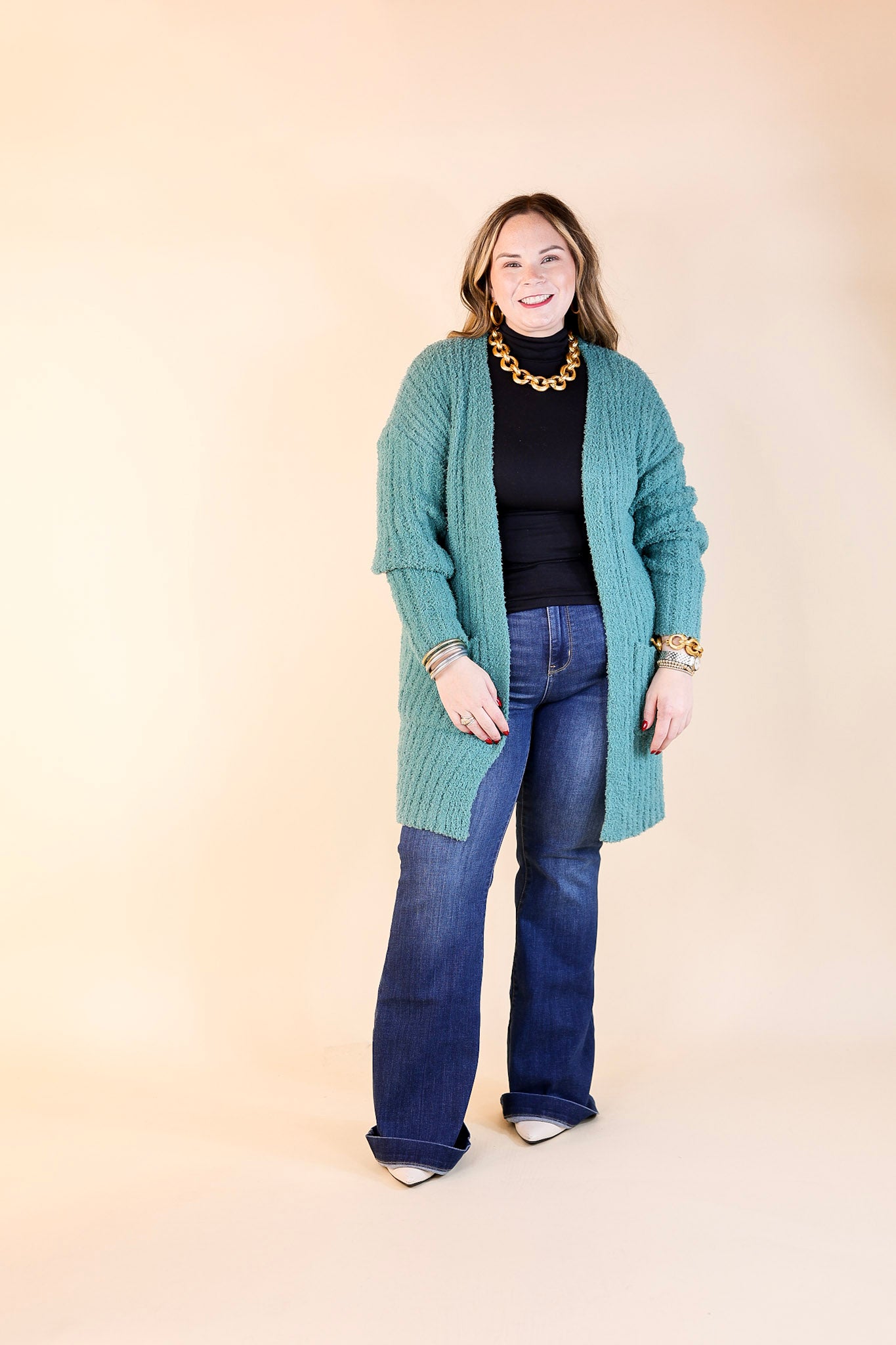 Cold Brew And Cuddles Long Sleeve Cardigan with Pockets in Teal