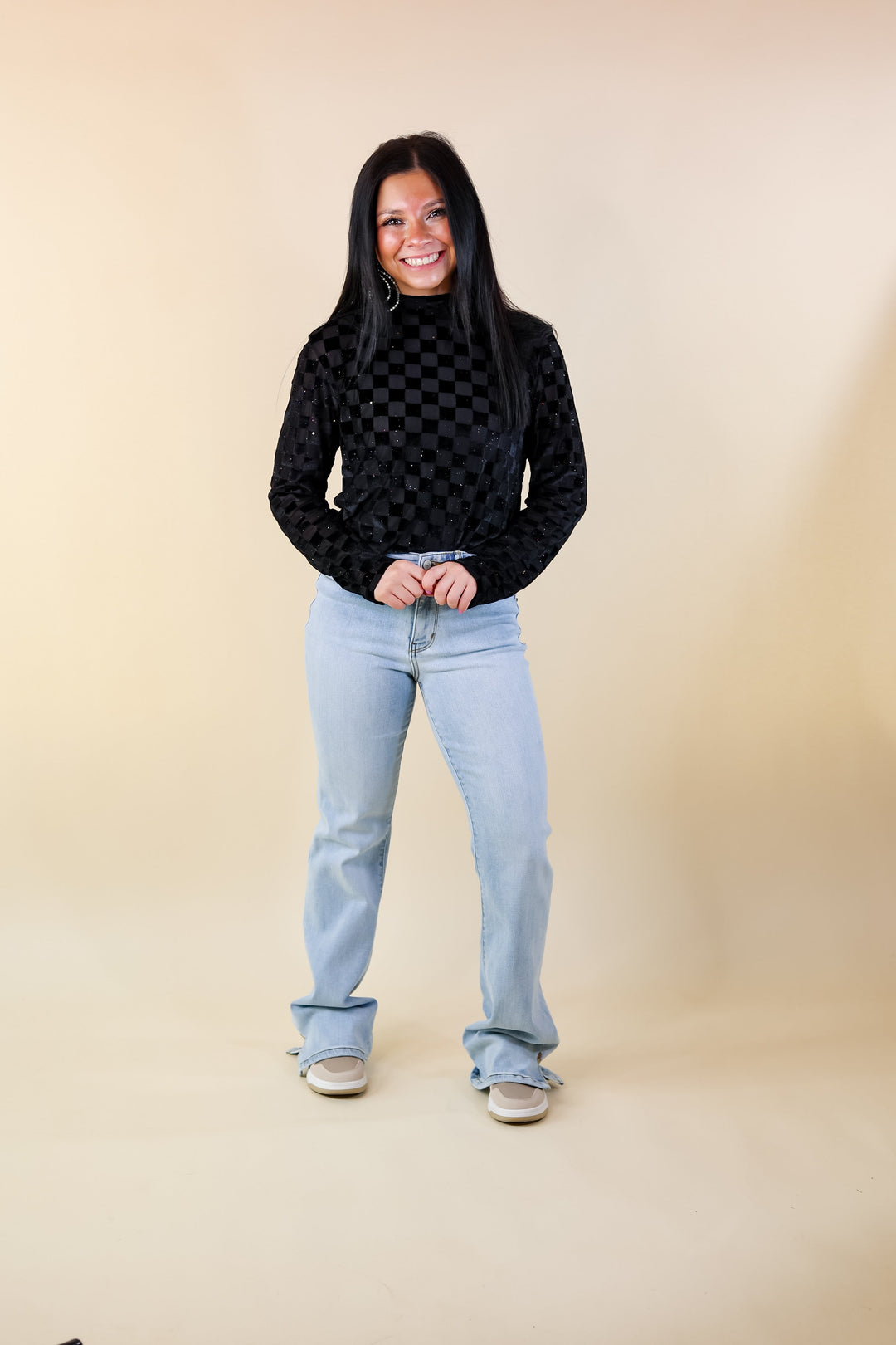 Rodeo Drive Mesh Checkered Print with Glitter Long Sleeve Top in Black - Giddy Up Glamour Boutique