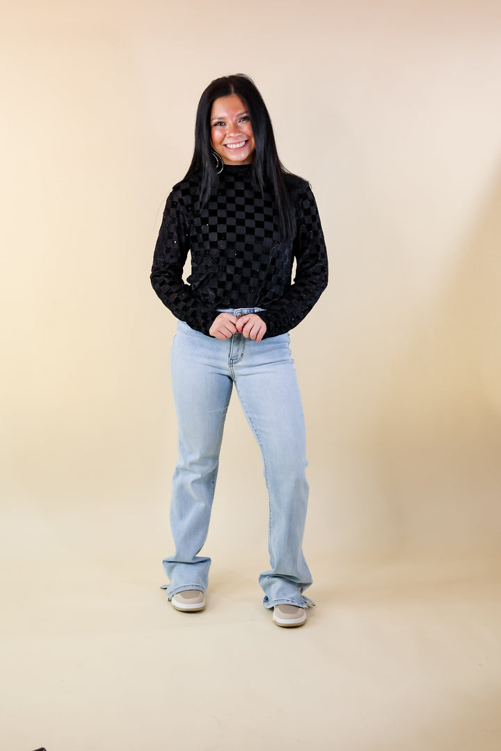 Rodeo Drive Mesh Checkered Print with Glitter Long Sleeve Top in Black - Giddy Up Glamour Boutique