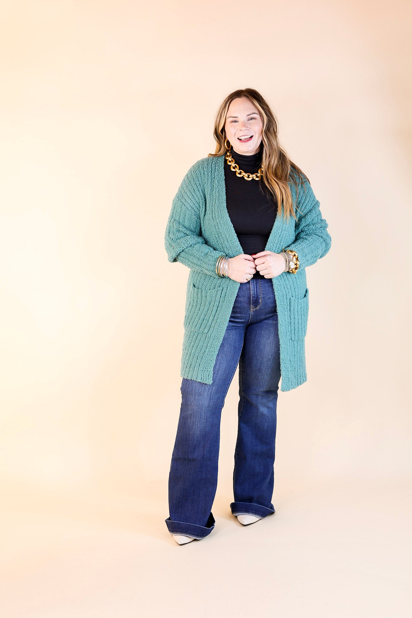 Cold Brew And Cuddles Long Sleeve Cardigan with Pockets in Teal