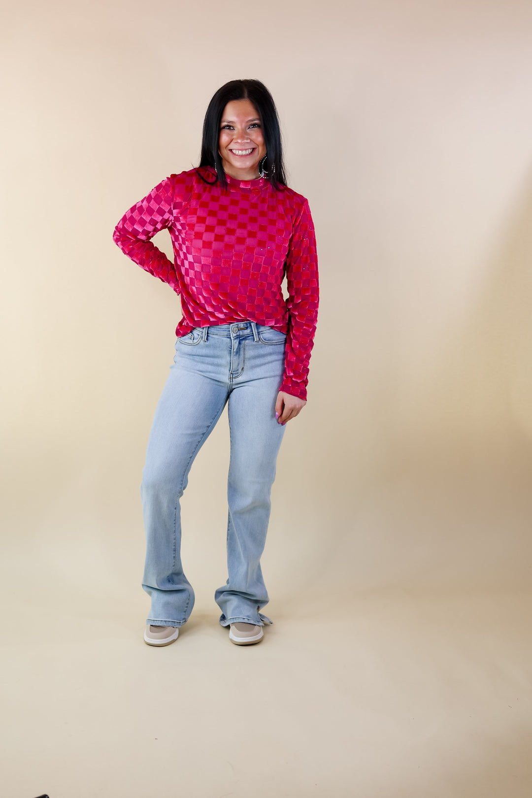 Rodeo Drive Mesh Checkered Print with Glitter Long Sleeve Top in Pink - Giddy Up Glamour Boutique