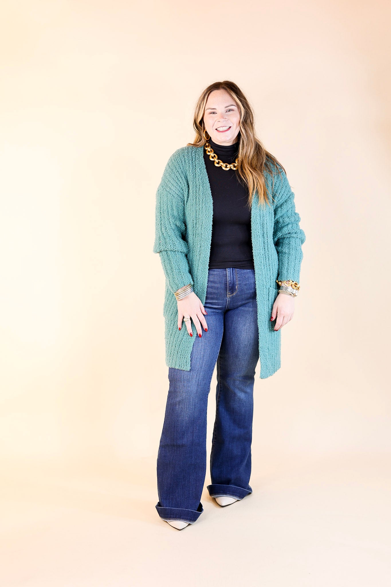 Cold Brew And Cuddles Long Sleeve Cardigan with Pockets in Teal