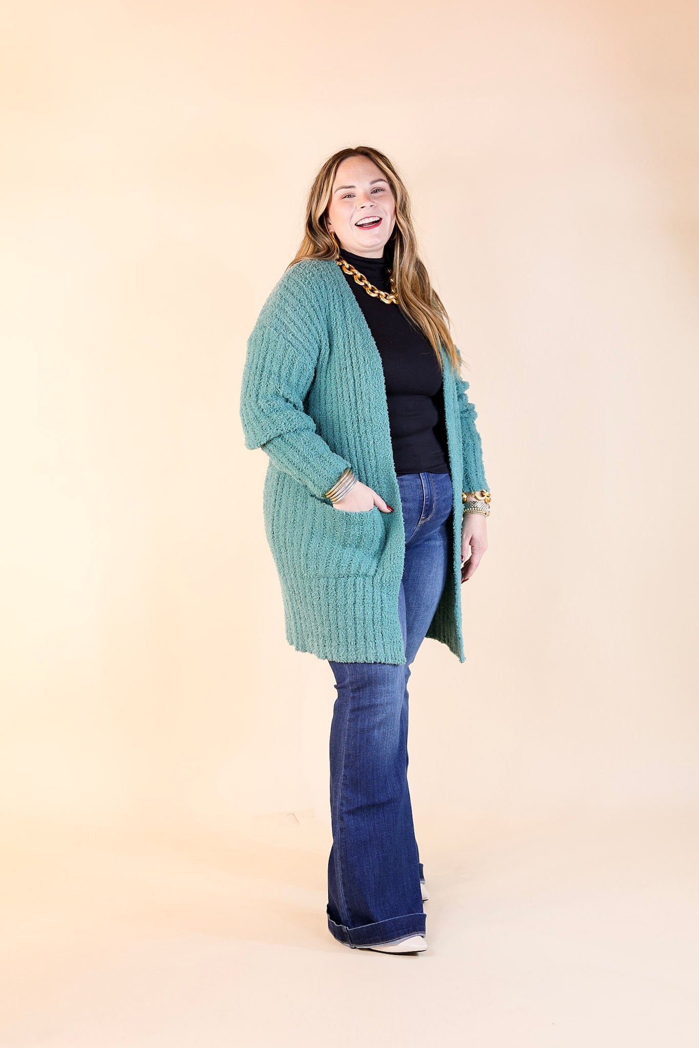 Cold Brew And Cuddles Long Sleeve Cardigan with Pockets in Teal