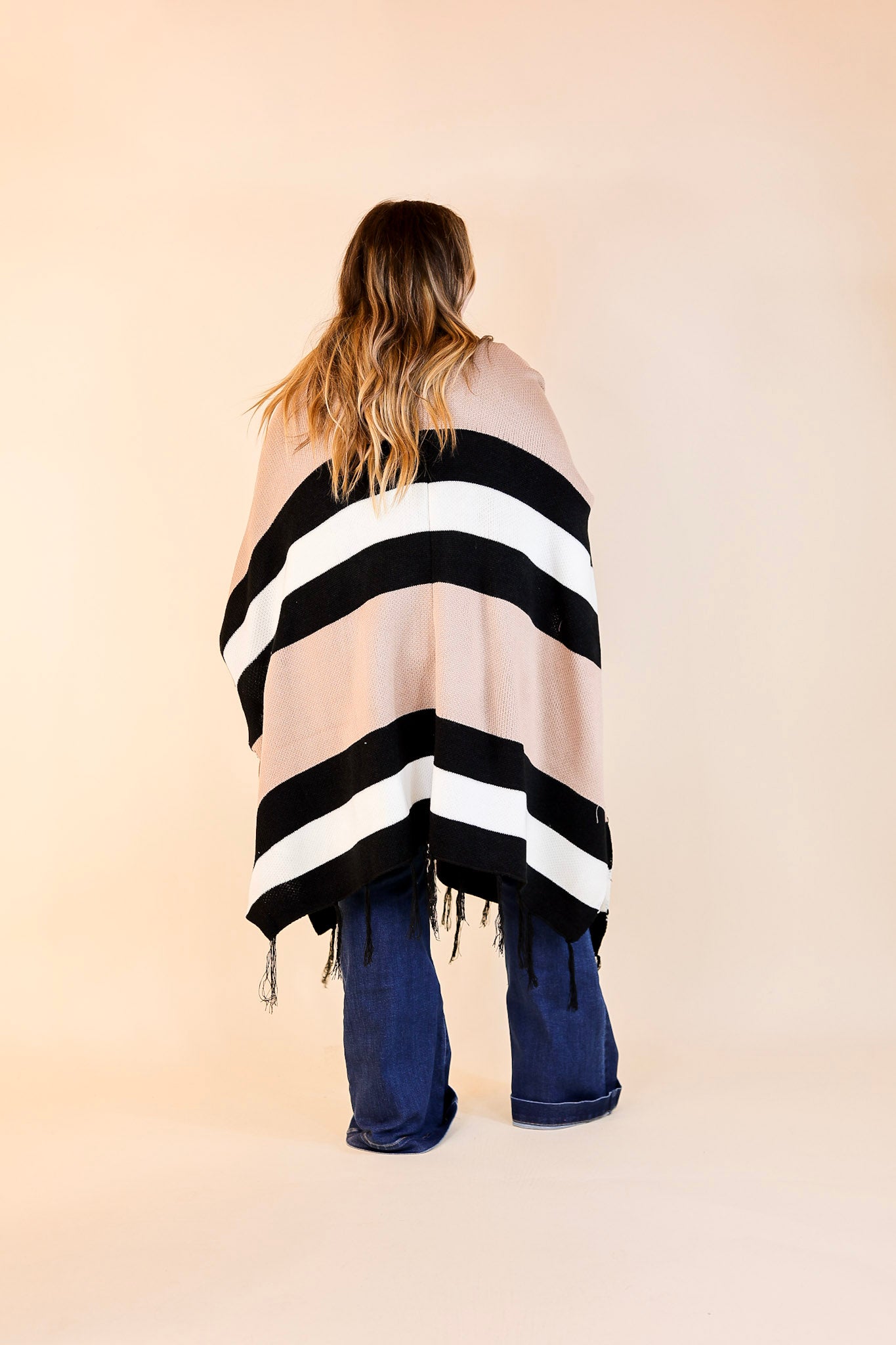 Warmest Wishes Striped Poncho Cardigan with Tassel Fringe in Mocha, Ivory, and Black