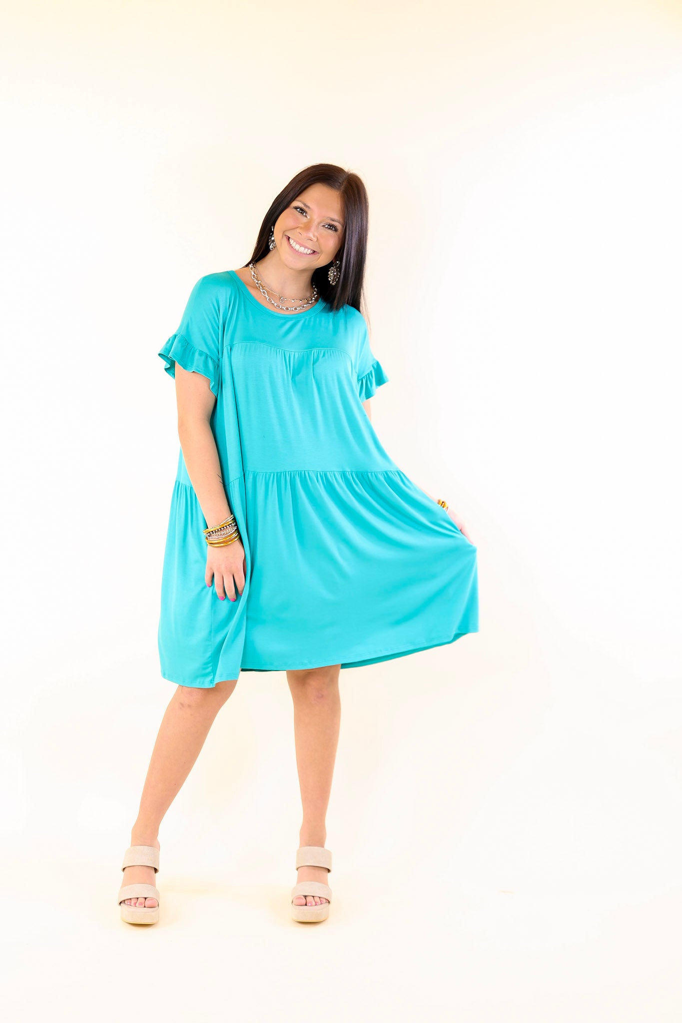 Gorgeous Girly Ruffle Sleeve Tiered Dress in Teal