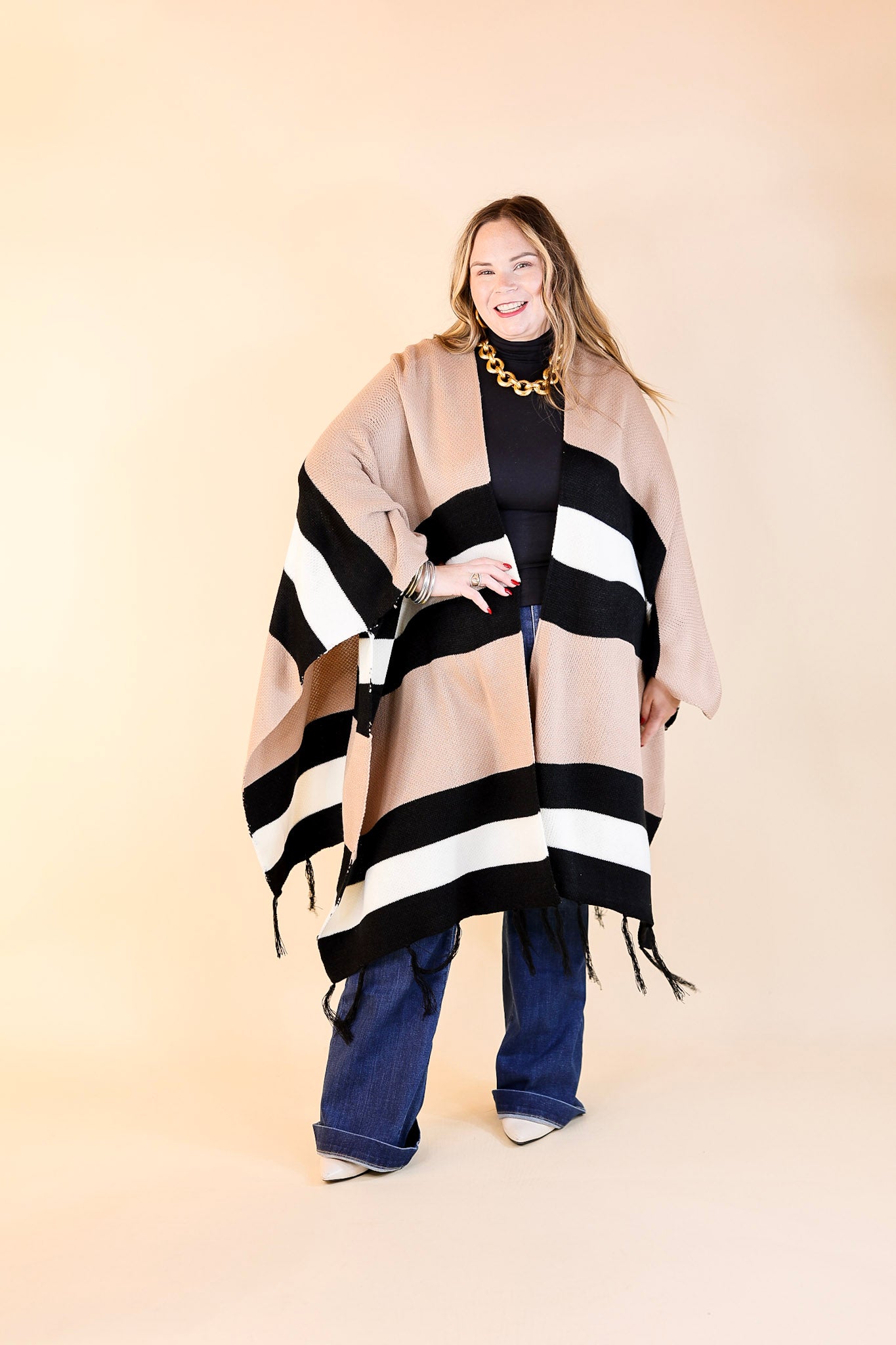 Warmest Wishes Striped Poncho Cardigan with Tassel Fringe in Mocha, Ivory, and Black