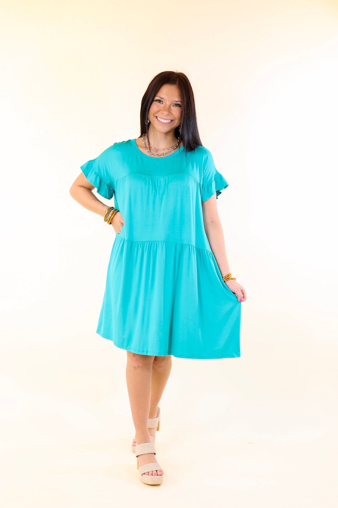 Gorgeous Girly Ruffle Sleeve Tiered Dress in Teal