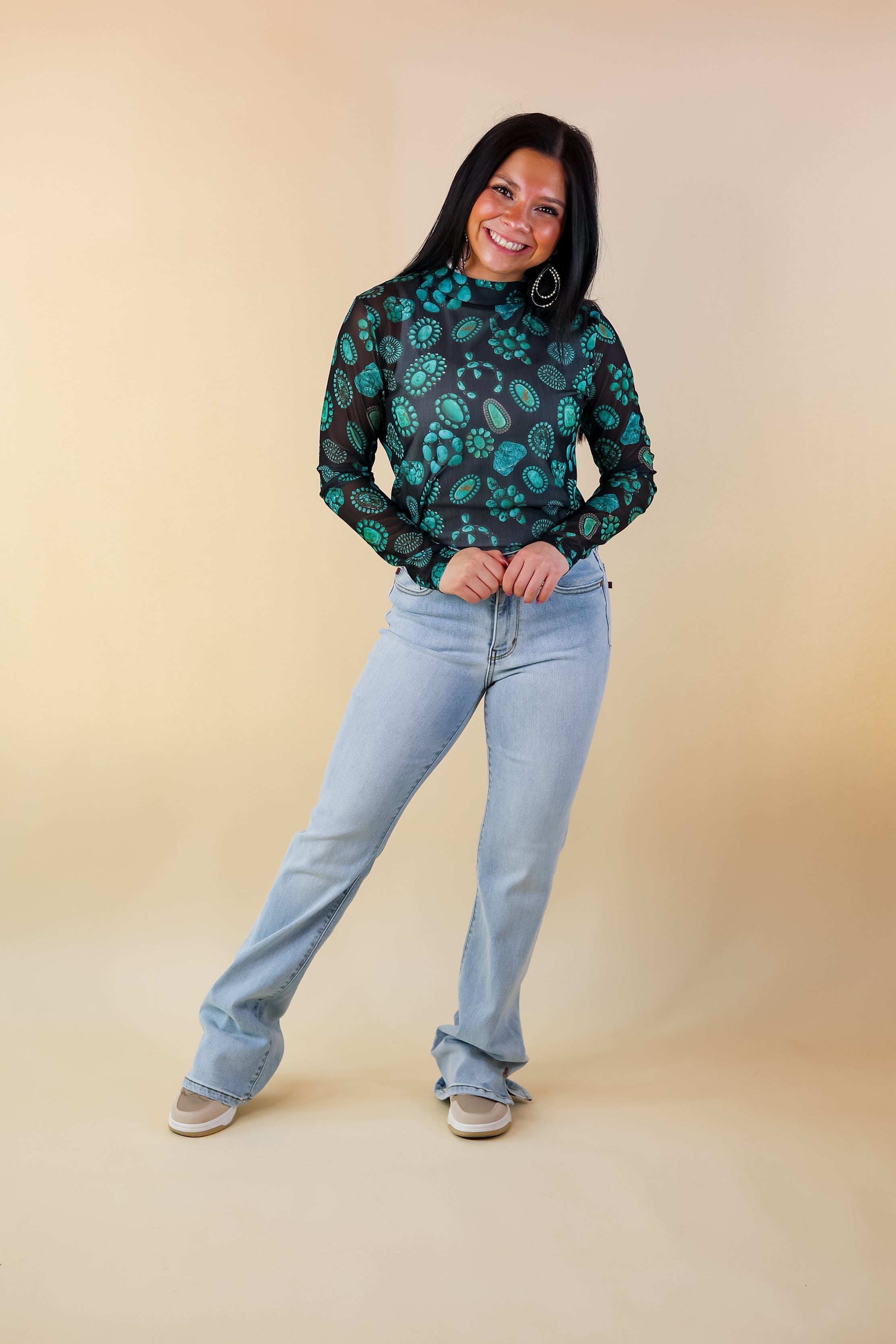 Rodeo Drive Mesh Turquoise Stone Long Sleeve Top in Black - Giddy Up Glamour Boutique