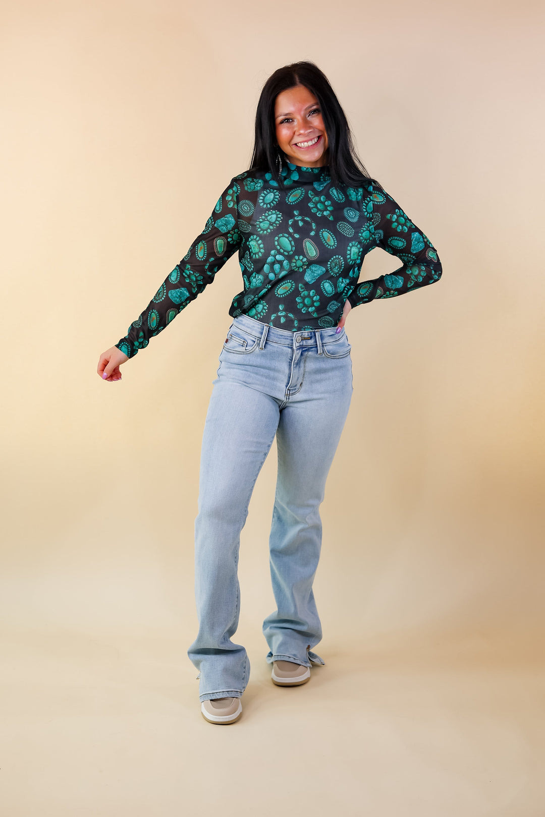 Rodeo Drive Mesh Turquoise Stone Long Sleeve Top in Black - Giddy Up Glamour Boutique