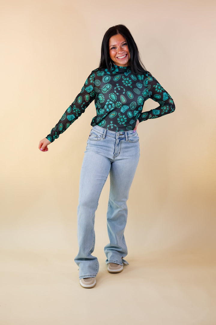 Rodeo Drive Mesh Turquoise Stone Long Sleeve Top in Black - Giddy Up Glamour Boutique