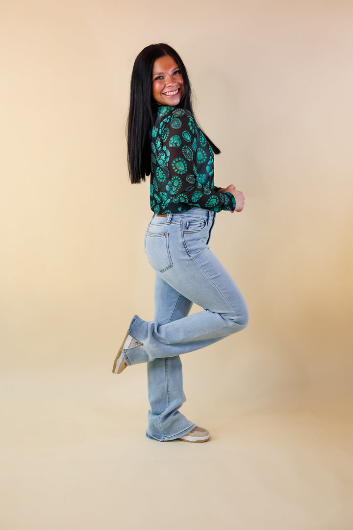 Rodeo Drive Mesh Turquoise Stone Long Sleeve Top in Black - Giddy Up Glamour Boutique