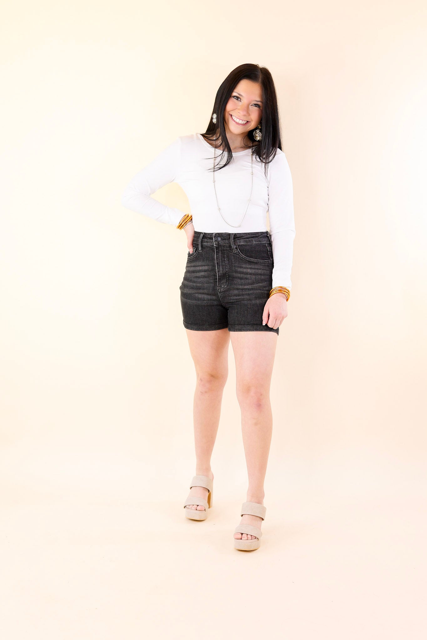 Judy Blue | Midnight Breeze Tummy Control Shorts in Black Wash - Giddy Up Glamour Boutique