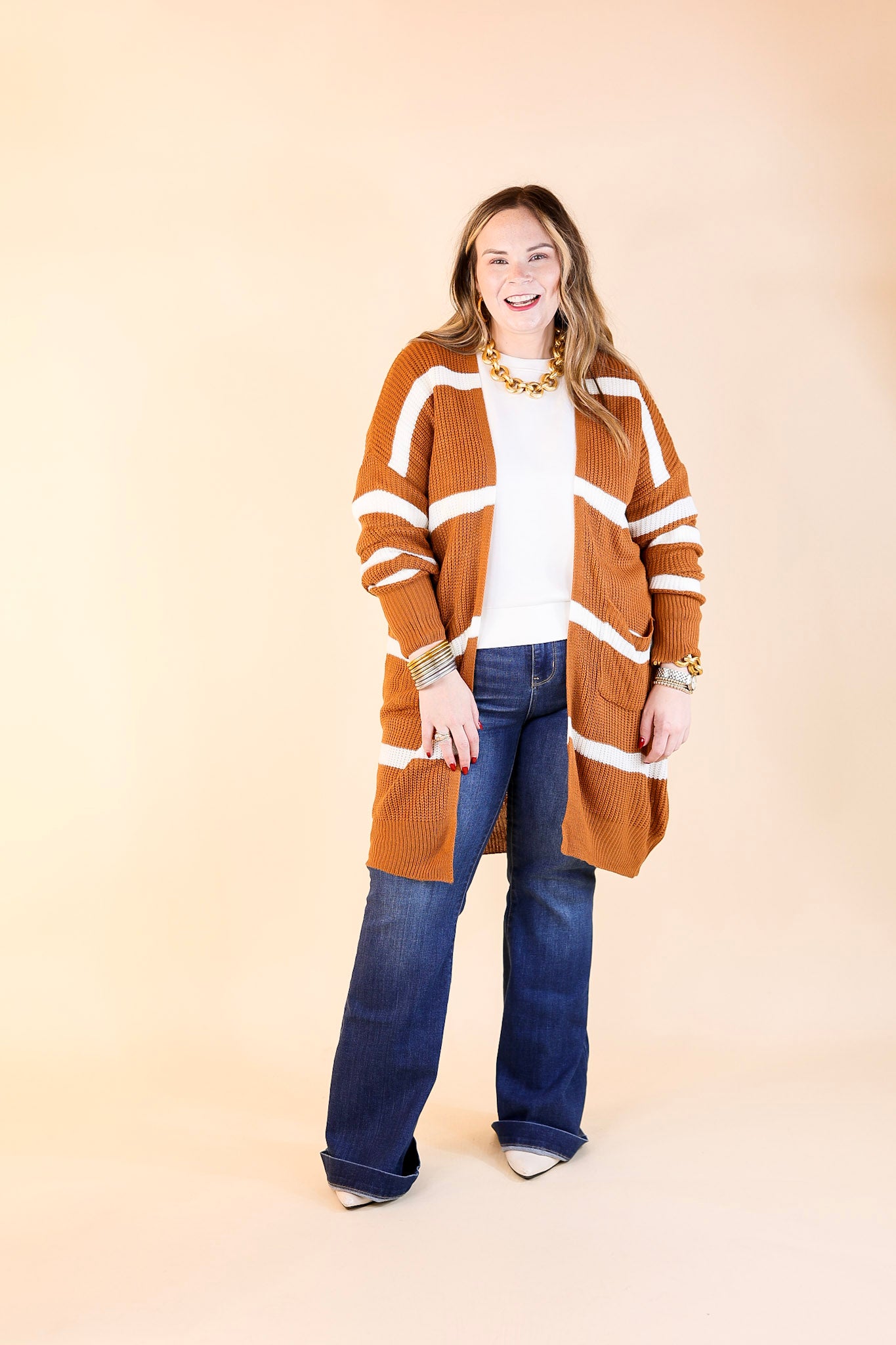 Time For Cozy Striped Long Sleeve Cardigan in Rust