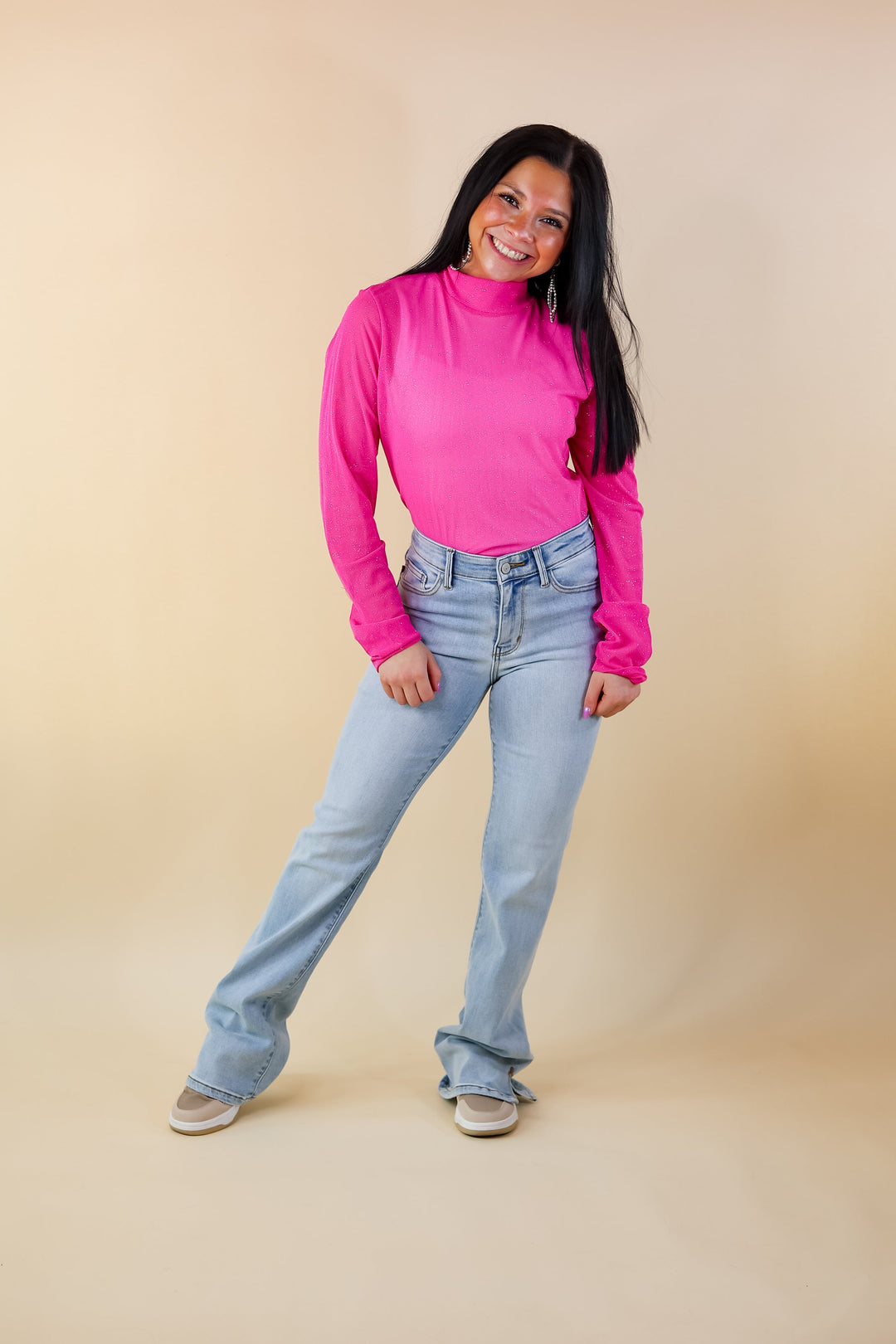 Plus Sizes | Try Your Luck Glitter Mesh Long Sleeve Bodysuit in Pink - Giddy Up Glamour Boutique