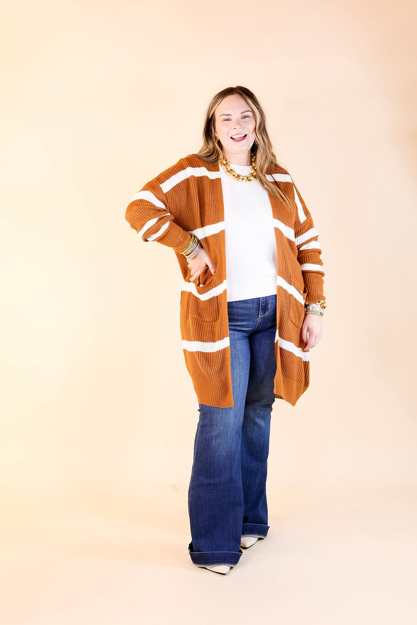 Time For Cozy Striped Long Sleeve Cardigan in Rust