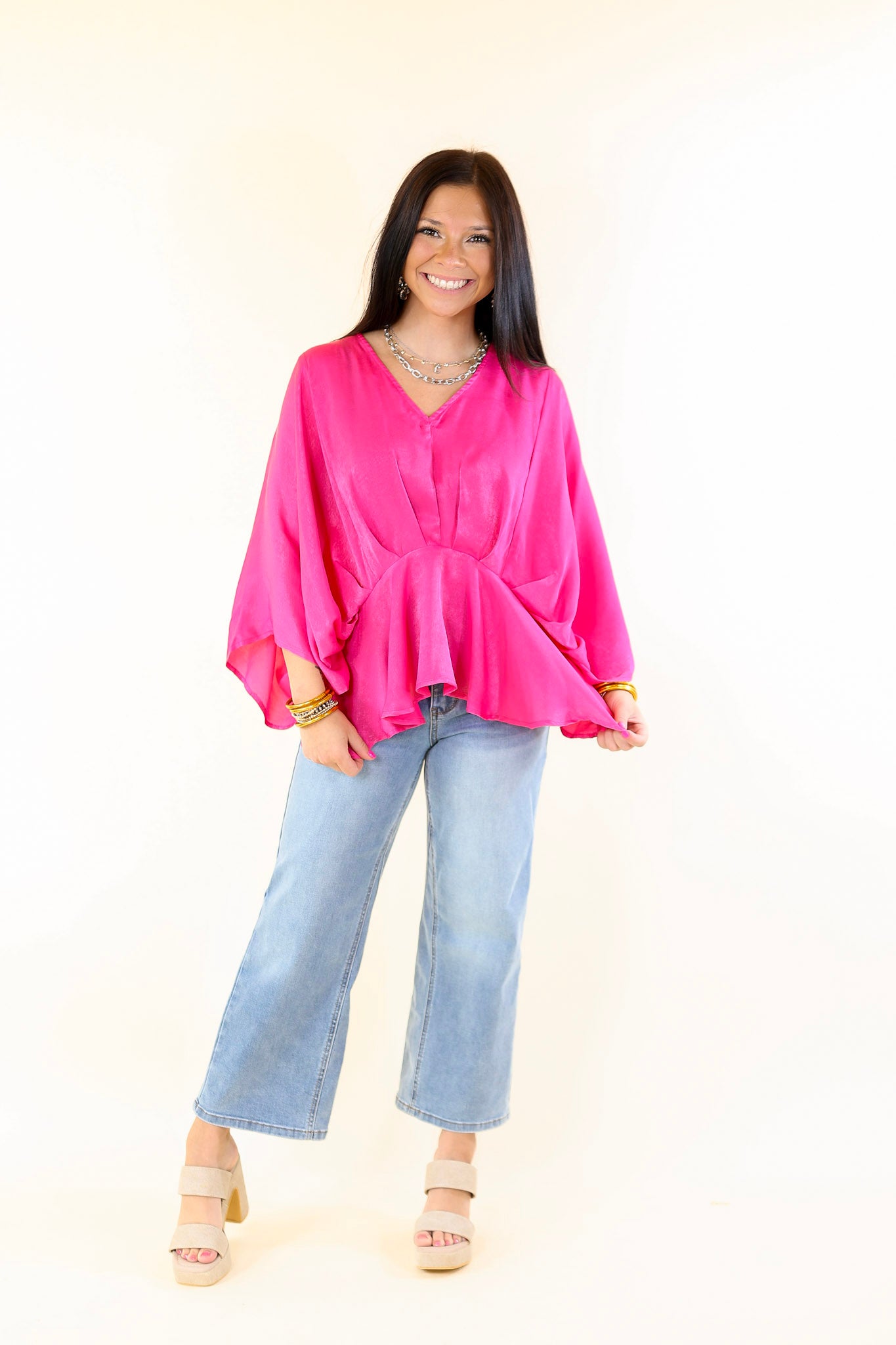 Hear the Music Drop Sleeve Satin V Neck Peplum Top in Hot Pink