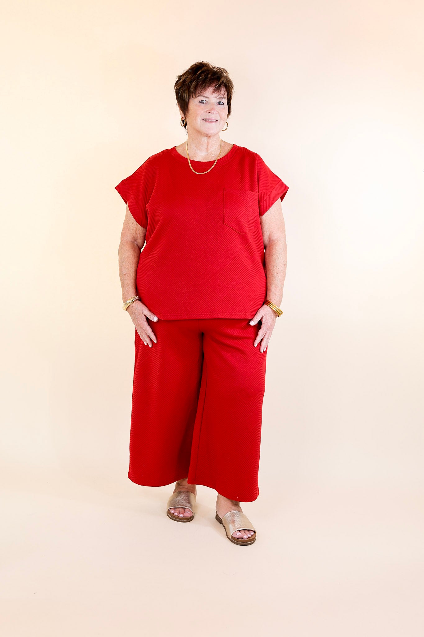 Glamour on the Go Textured Top with Pocket in Scarlet Red