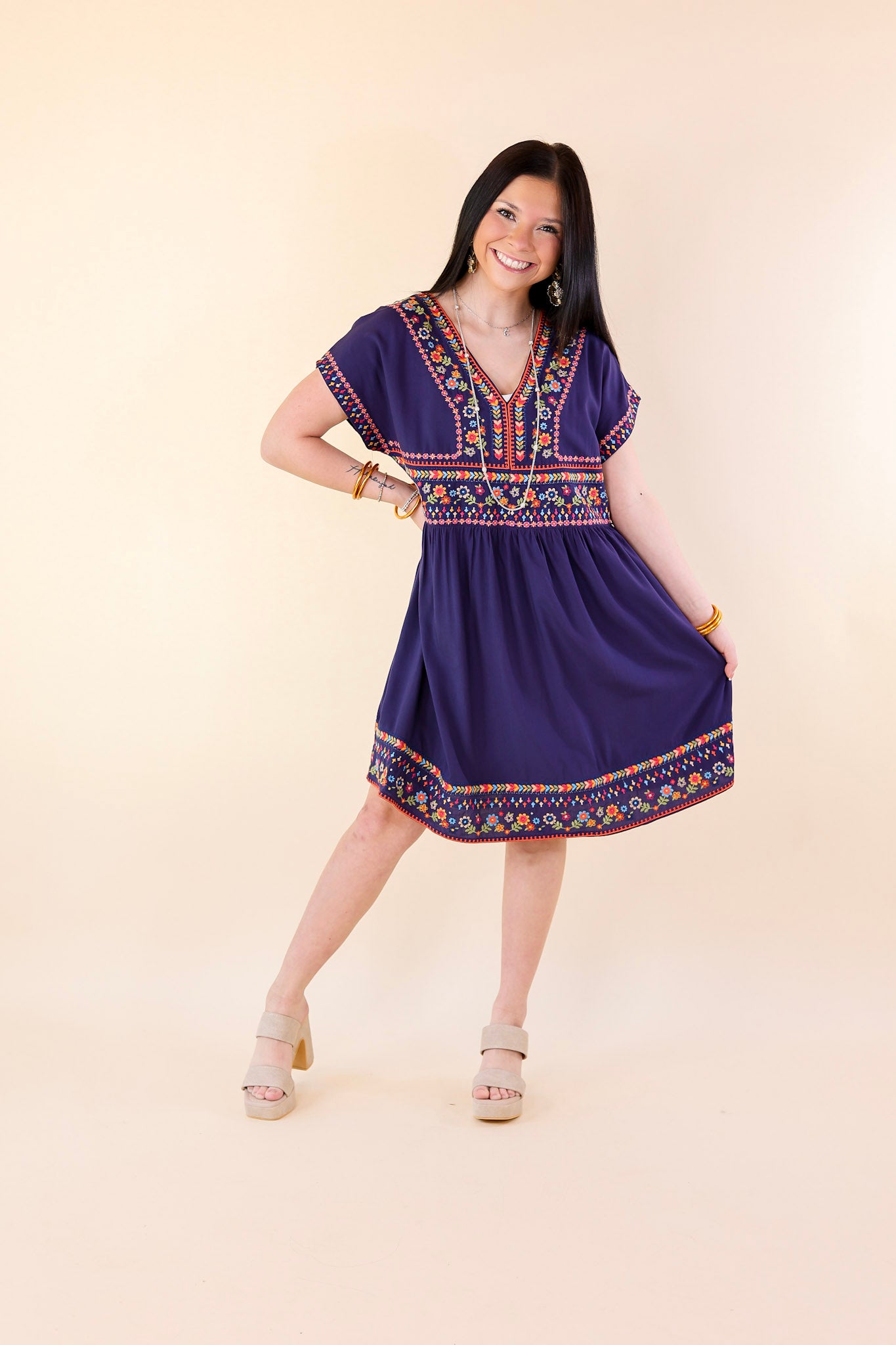 Passing Through V Neck Embroidered Dress with Short Sleeves in Navy Blue - Giddy Up Glamour Boutique