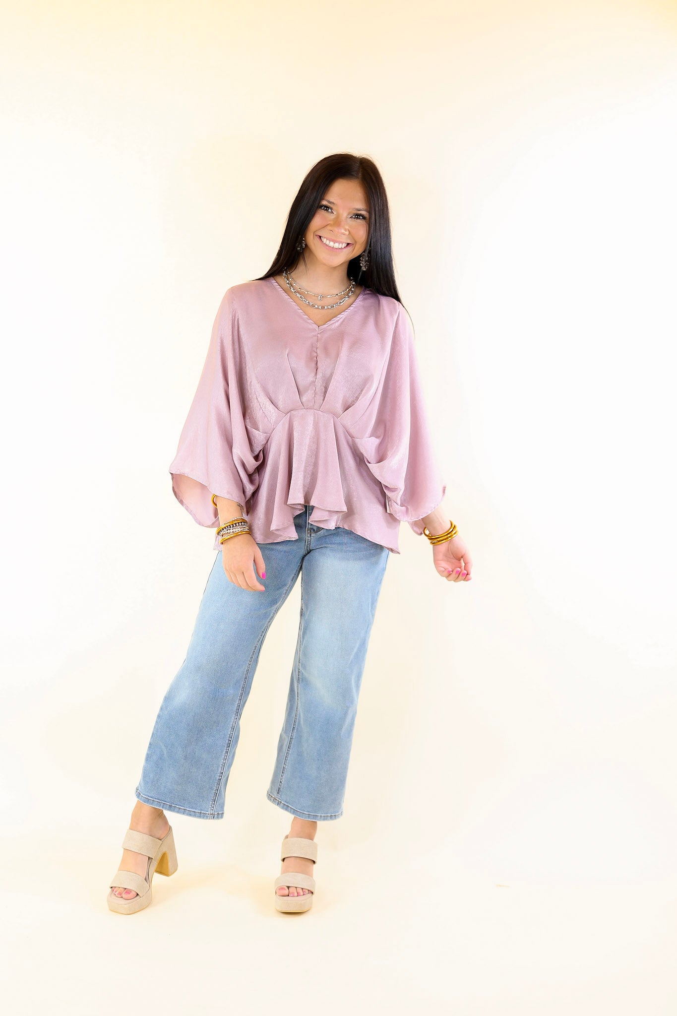 Hear the Music Drop Sleeve Satin V Neck Peplum Top in Dusty Lilac Purple