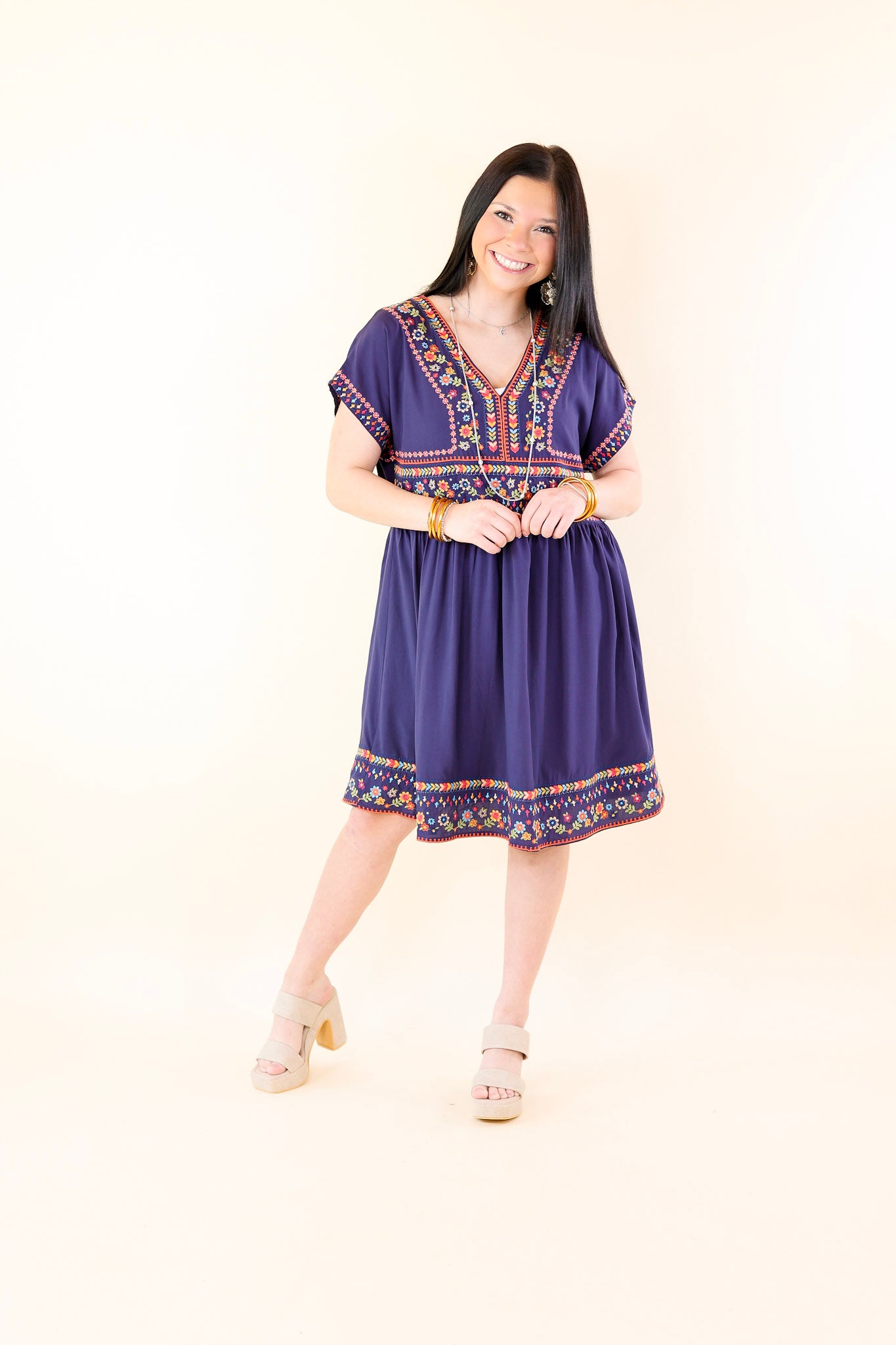 Passing Through V Neck Embroidered Dress with Short Sleeves in Navy Blue - Giddy Up Glamour Boutique