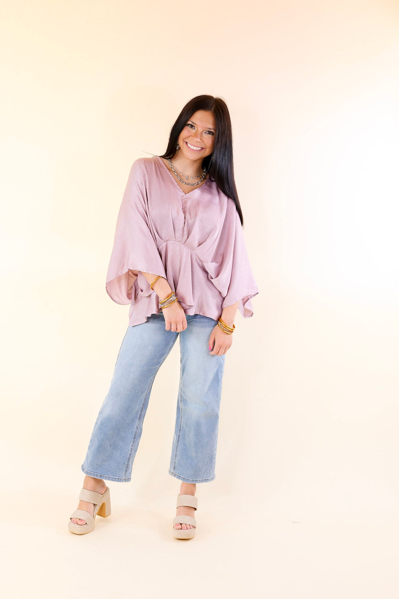 Hear the Music Drop Sleeve Satin V Neck Peplum Top in Dusty Lilac Purple