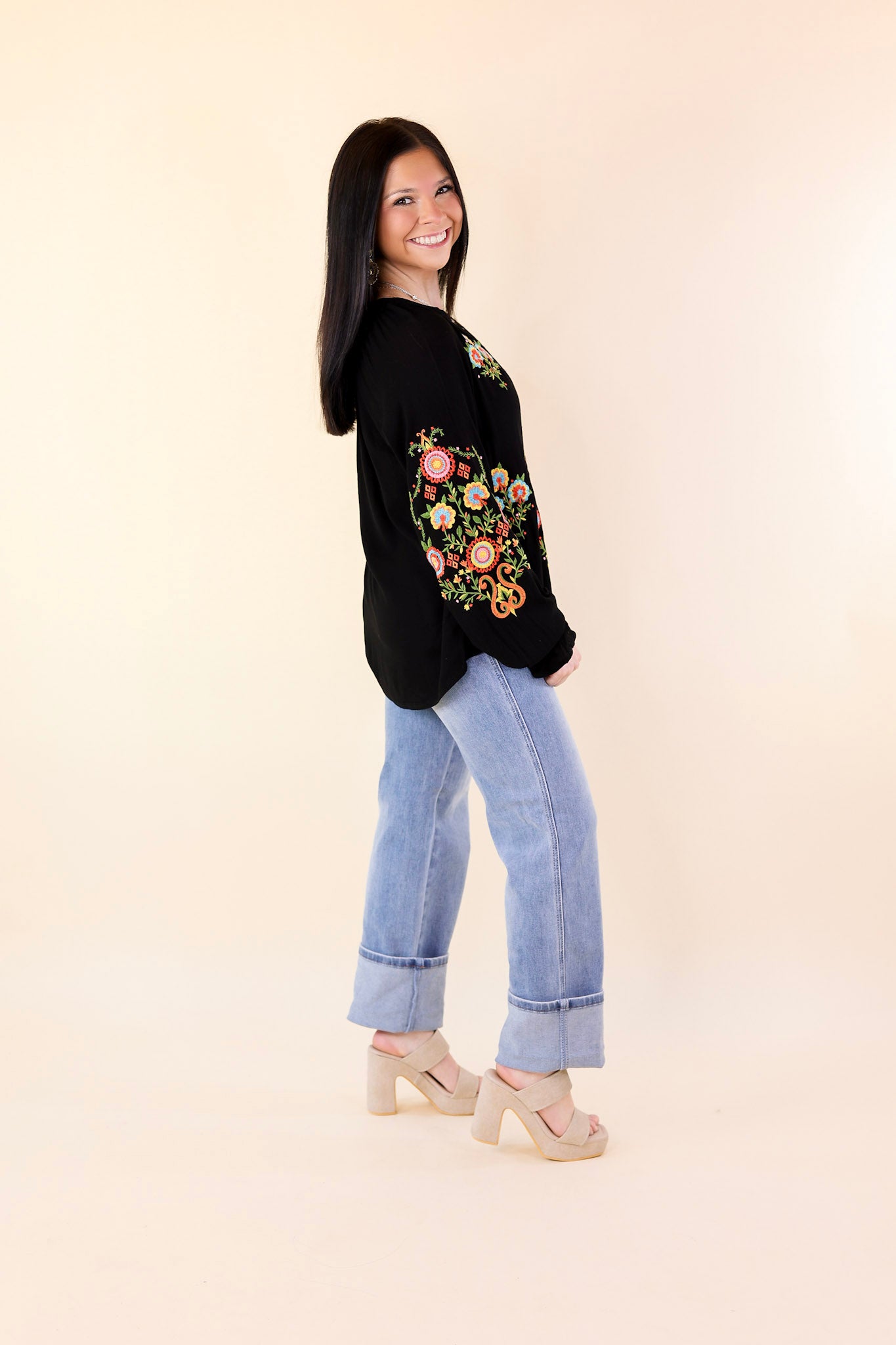 Dreamy Destination Floral Embroidered Long Sleeve Top in Black - Giddy Up Glamour Boutique