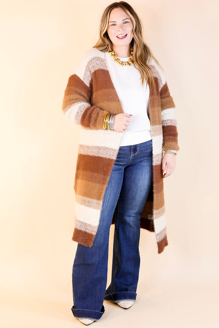 Lost in Layers Striped Eyelash Cardigan in Rust Mix