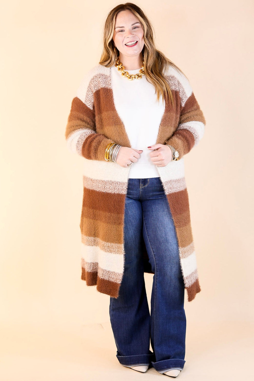 Lost in Layers Striped Eyelash Cardigan in Rust Mix