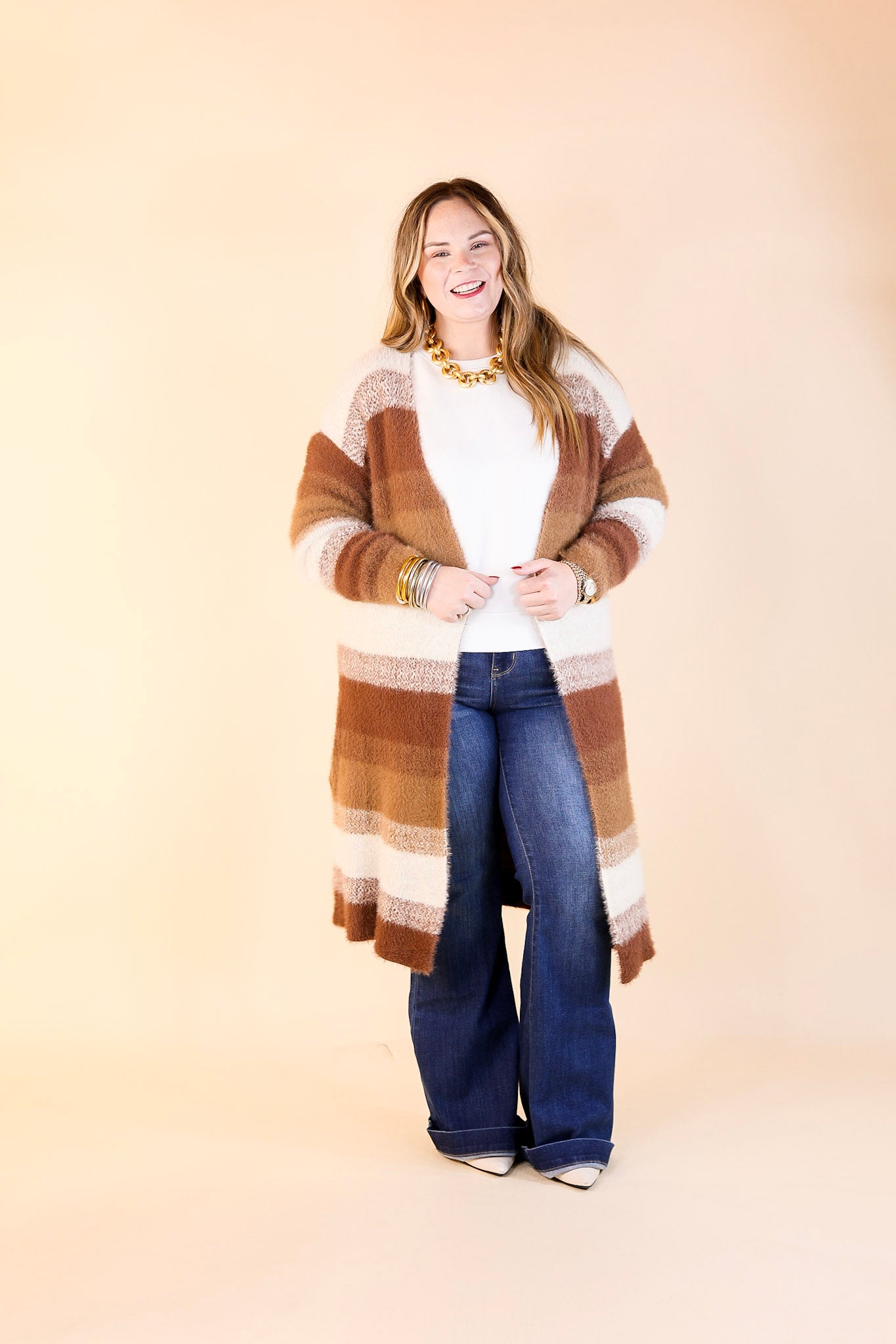 Lost in Layers Striped Eyelash Cardigan in Rust Mix