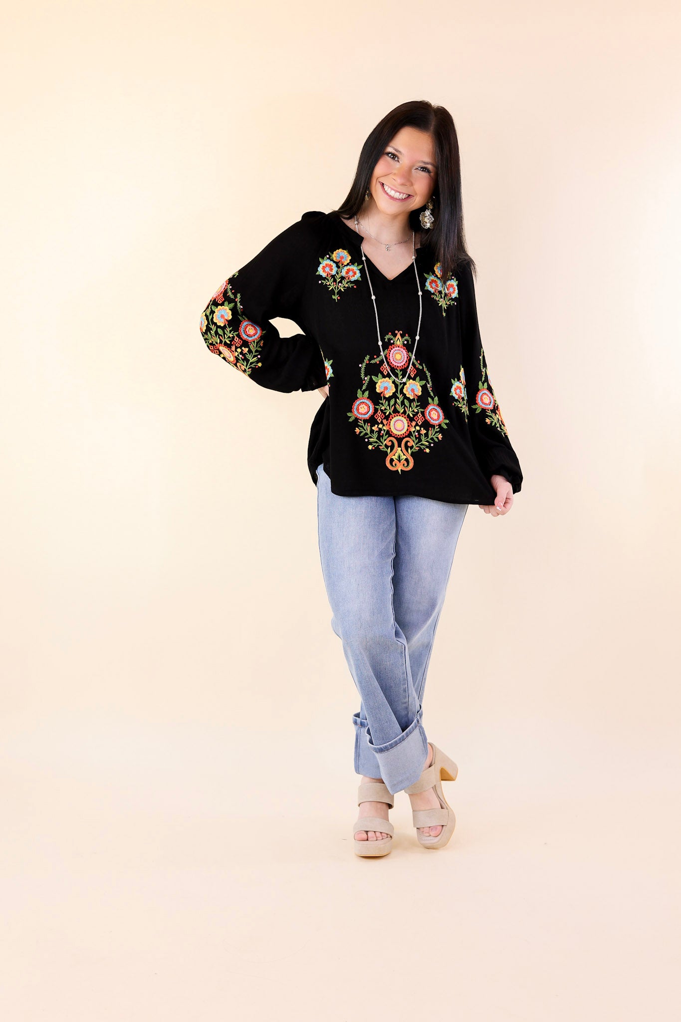 Dreamy Destination Floral Embroidered Long Sleeve Top in Black - Giddy Up Glamour Boutique