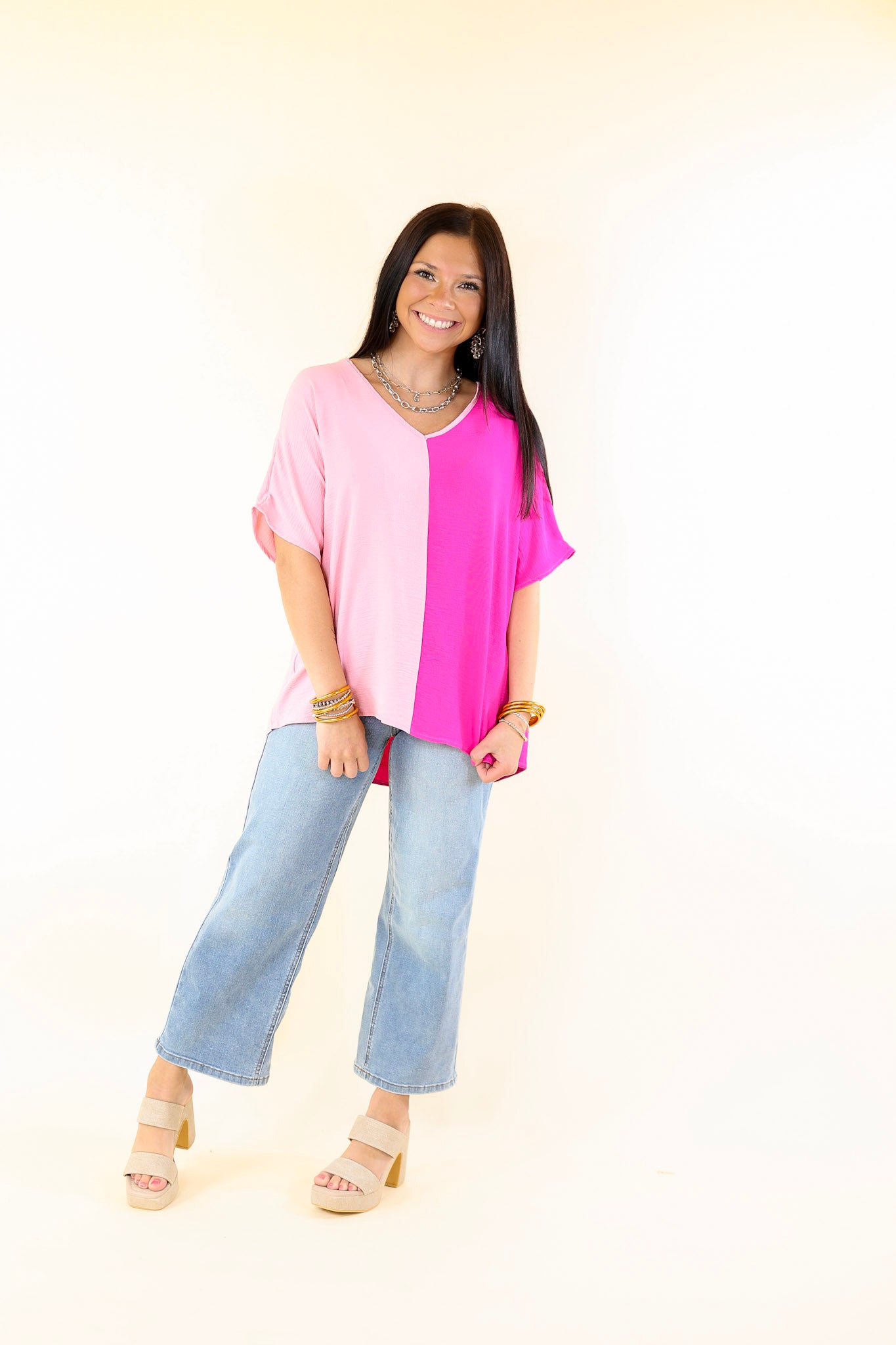 Lovely Dear V Neck Short Sleeve Color Block Top in Fuchsia and Light Pink