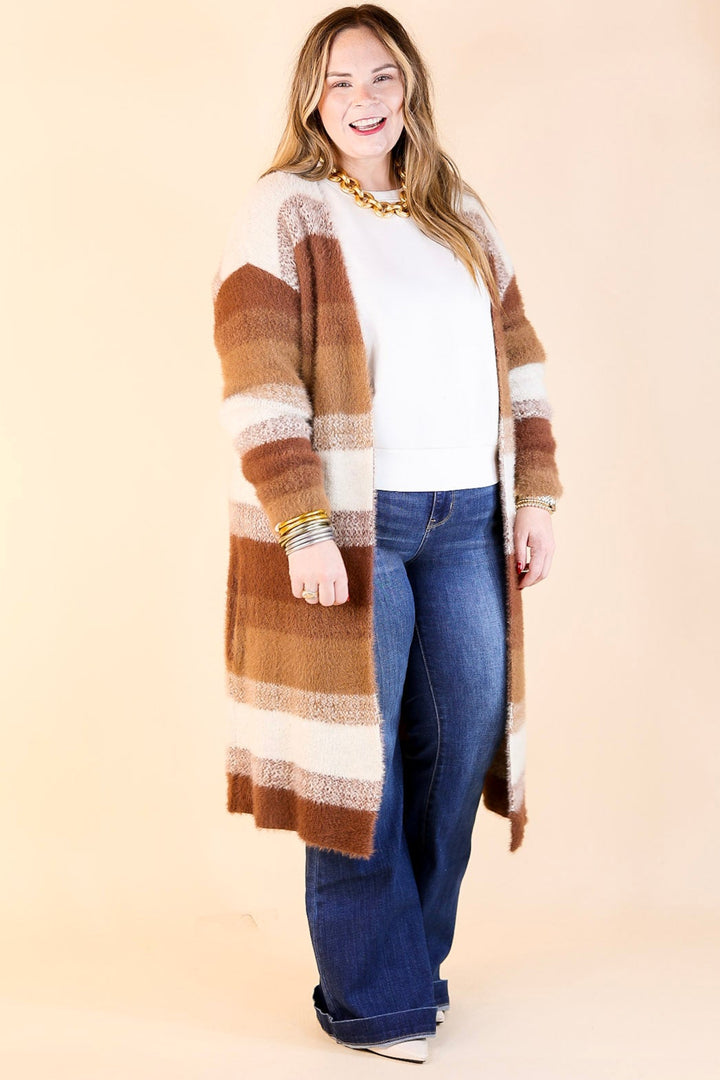 Lost in Layers Striped Eyelash Cardigan in Rust Mix