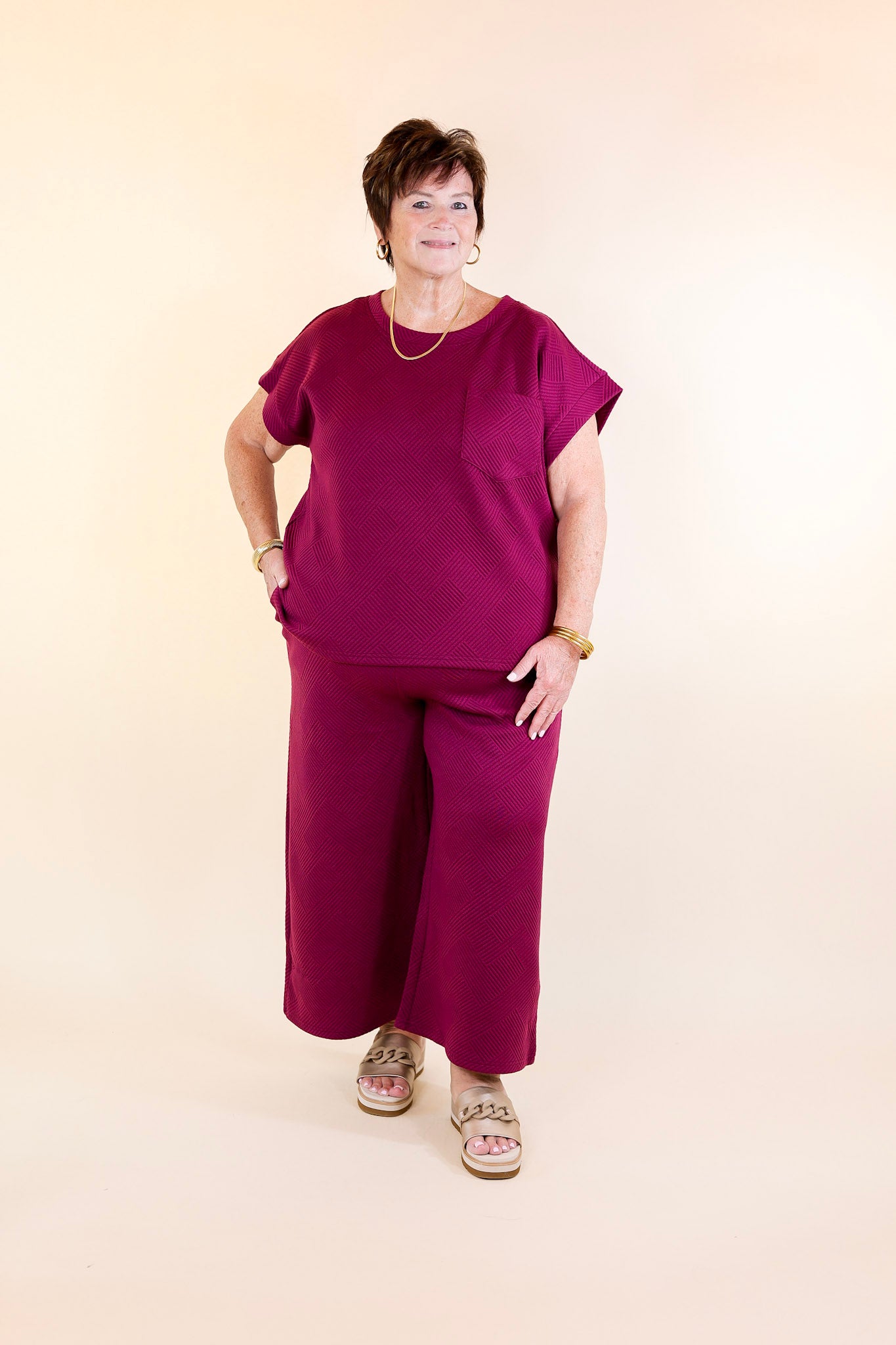 Glamour on the Go Textured Wide Leg Pant in Plum Purple