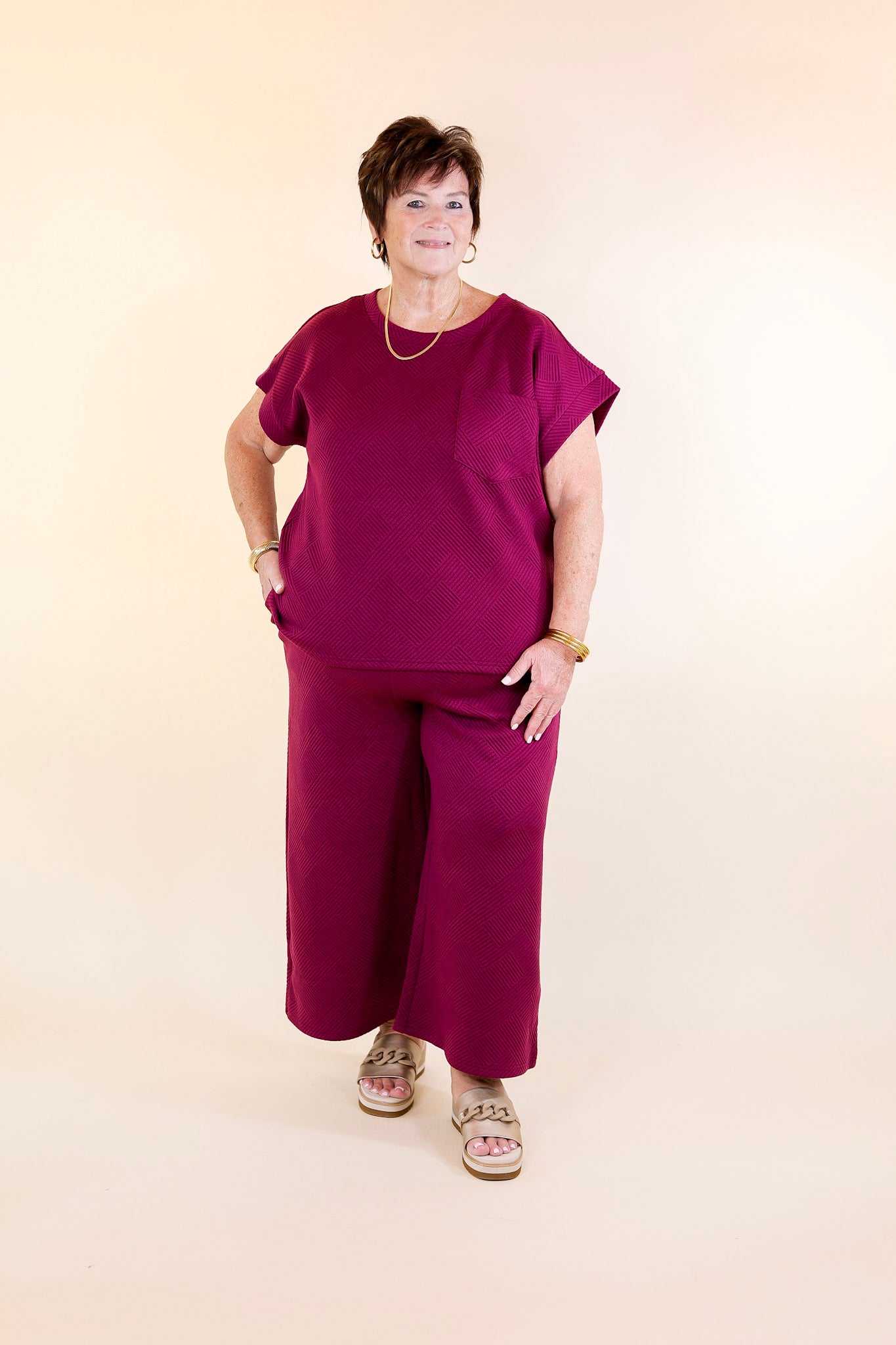 Glamour on the Go Textured Top with Pocket in Plum Purple