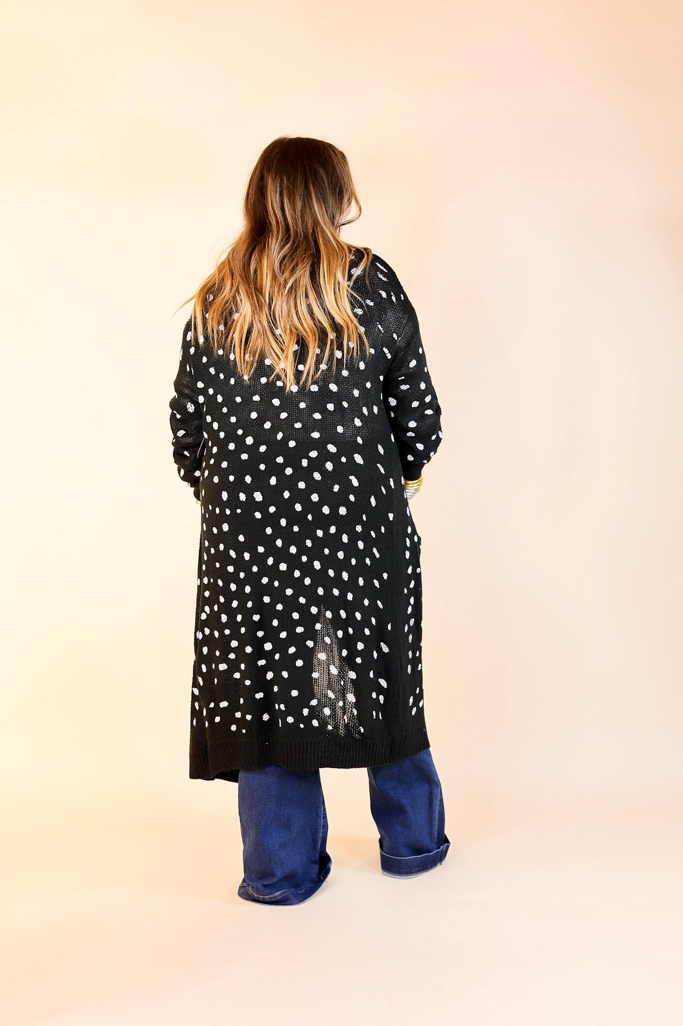 Boho Lifestyle Long Sleeve Polka Dot Duster Cardigan in Black