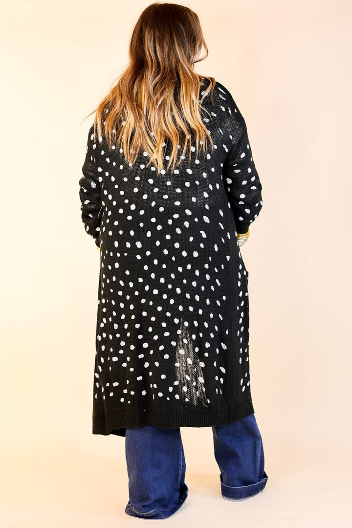 Boho Lifestyle Long Sleeve Polka Dot Duster Cardigan in Black